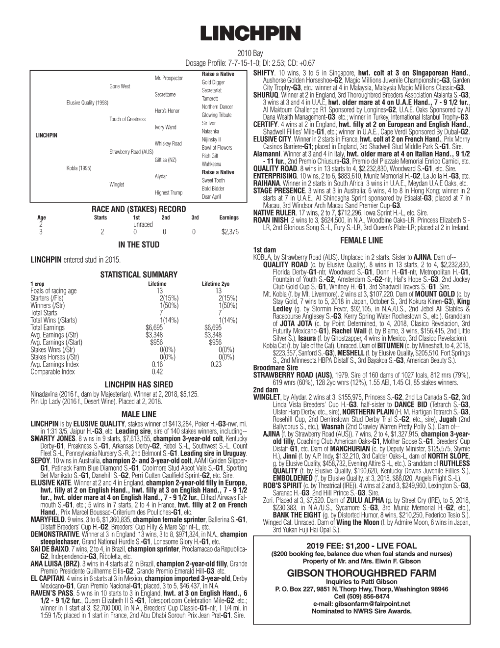 LINCHPIN 2010 Bay Dosage Profile: 7-7-15-1-0; DI: 2.53; CD: +0.67 Raise a Native SHIFTY