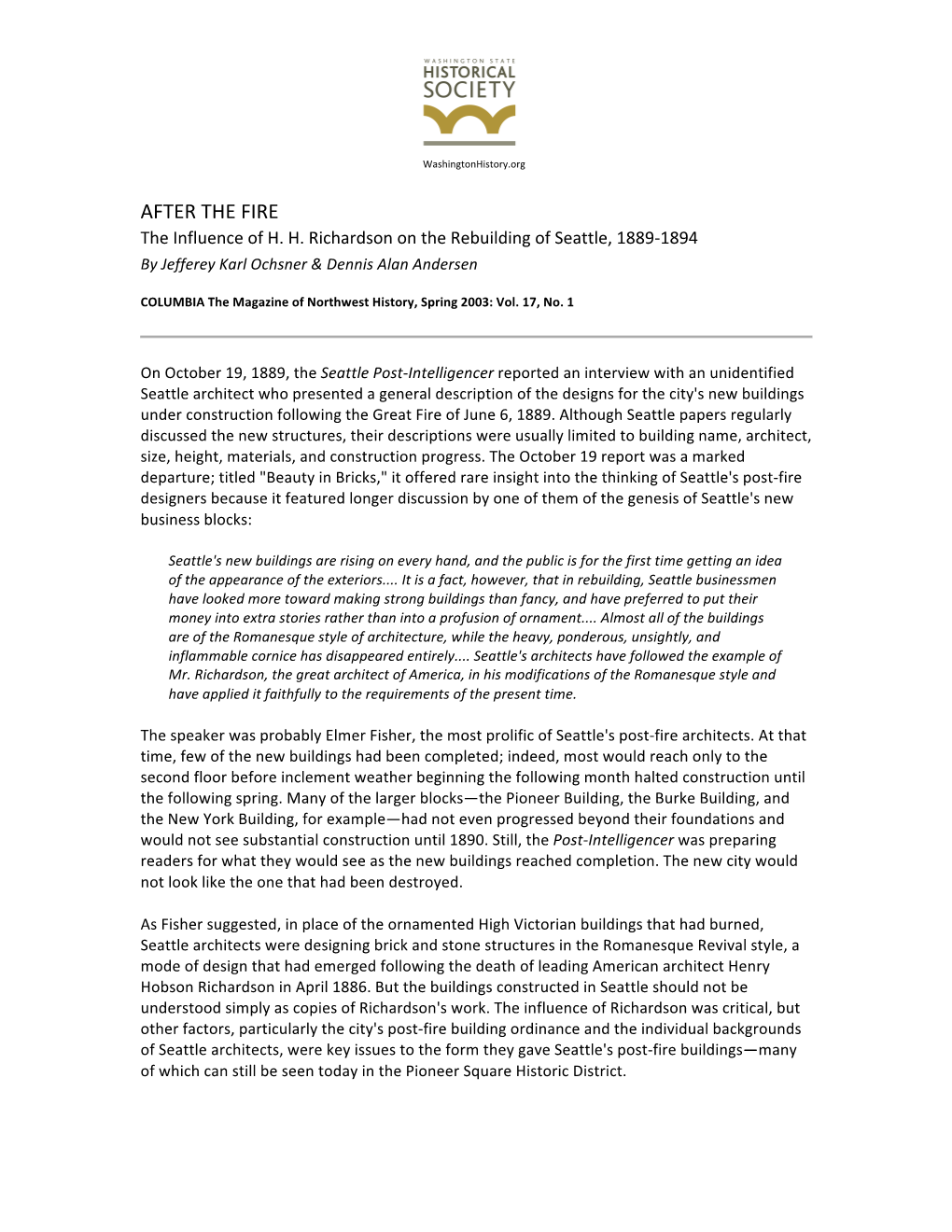 After the Fire: the Influence of H. H. Richardson on the Rebuilding of Seattle, 1889–1894, By