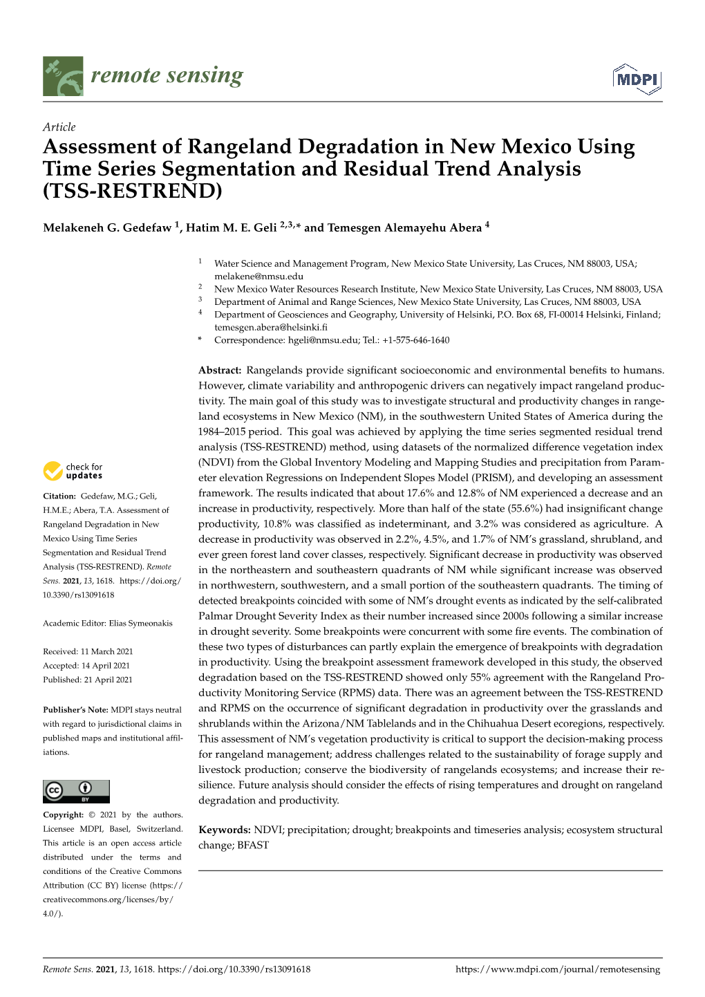 Assessment of Rangeland Degradation in New Mexico Using Time Series Segmentation and Residual Trend Analysis (TSS-RESTREND)