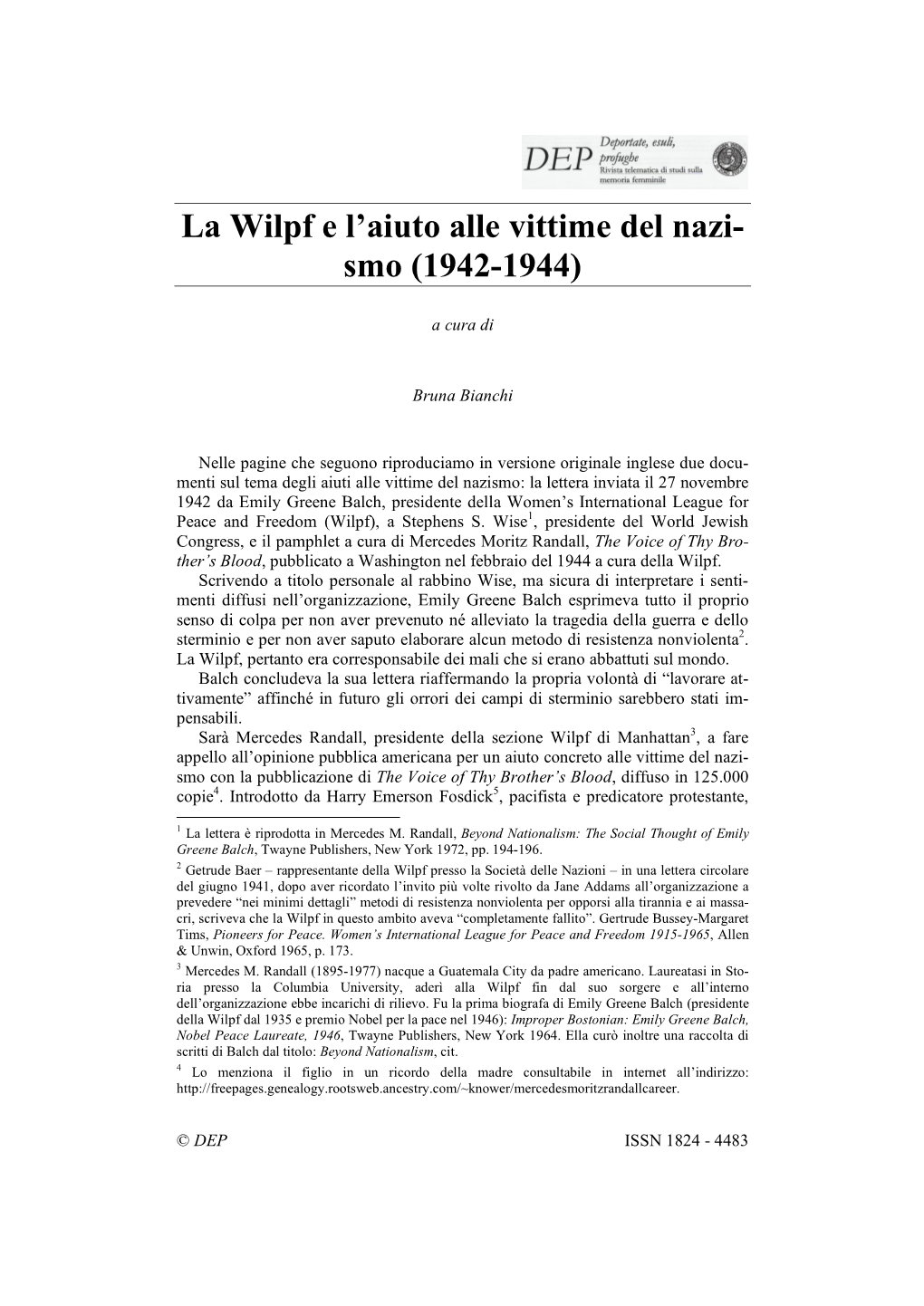 La Wilpf E L'aiuto Alle Vittime Del Nazi- Smo (1942-1944)