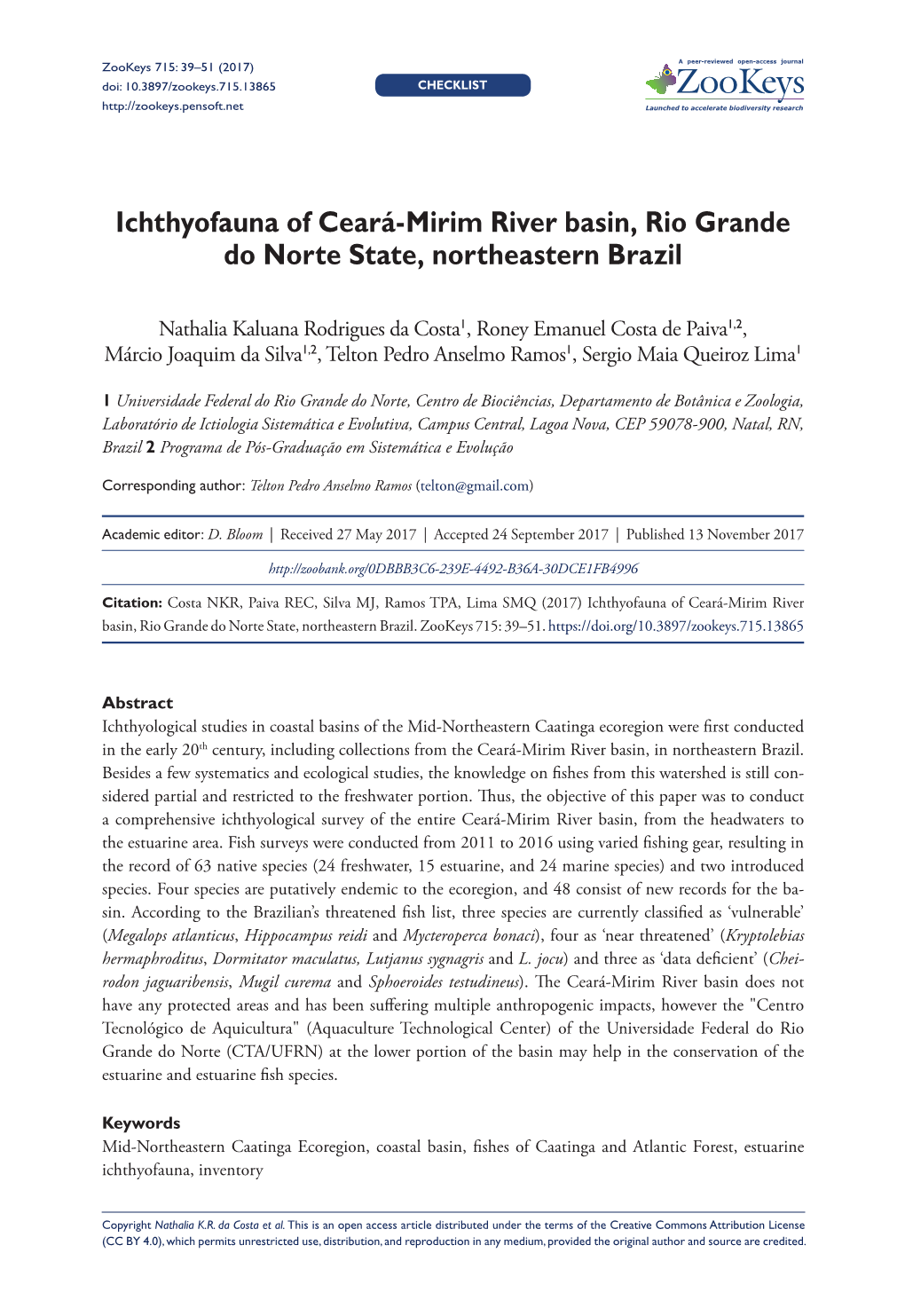 ﻿Ichthyofauna of Ceará-Mirim River Basin, Rio Grande Do Norte State