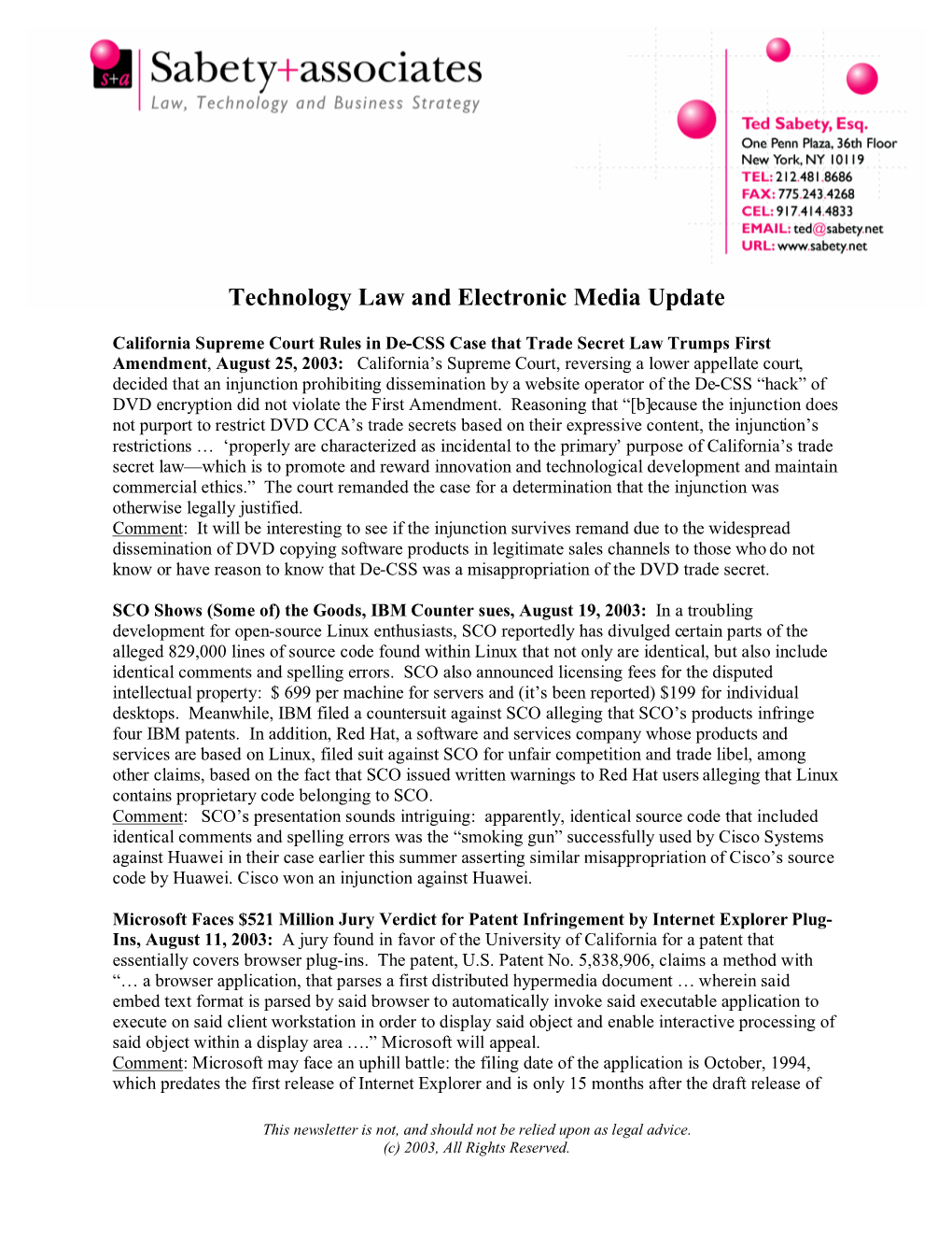 Technology Law and Electronic Media Update