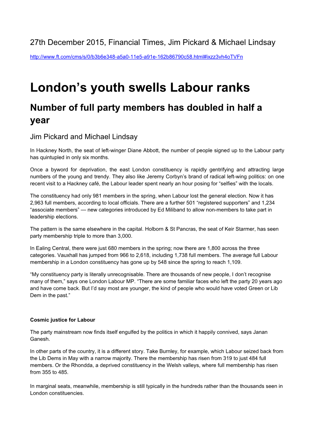 London's Youth Swells Labour Ranks