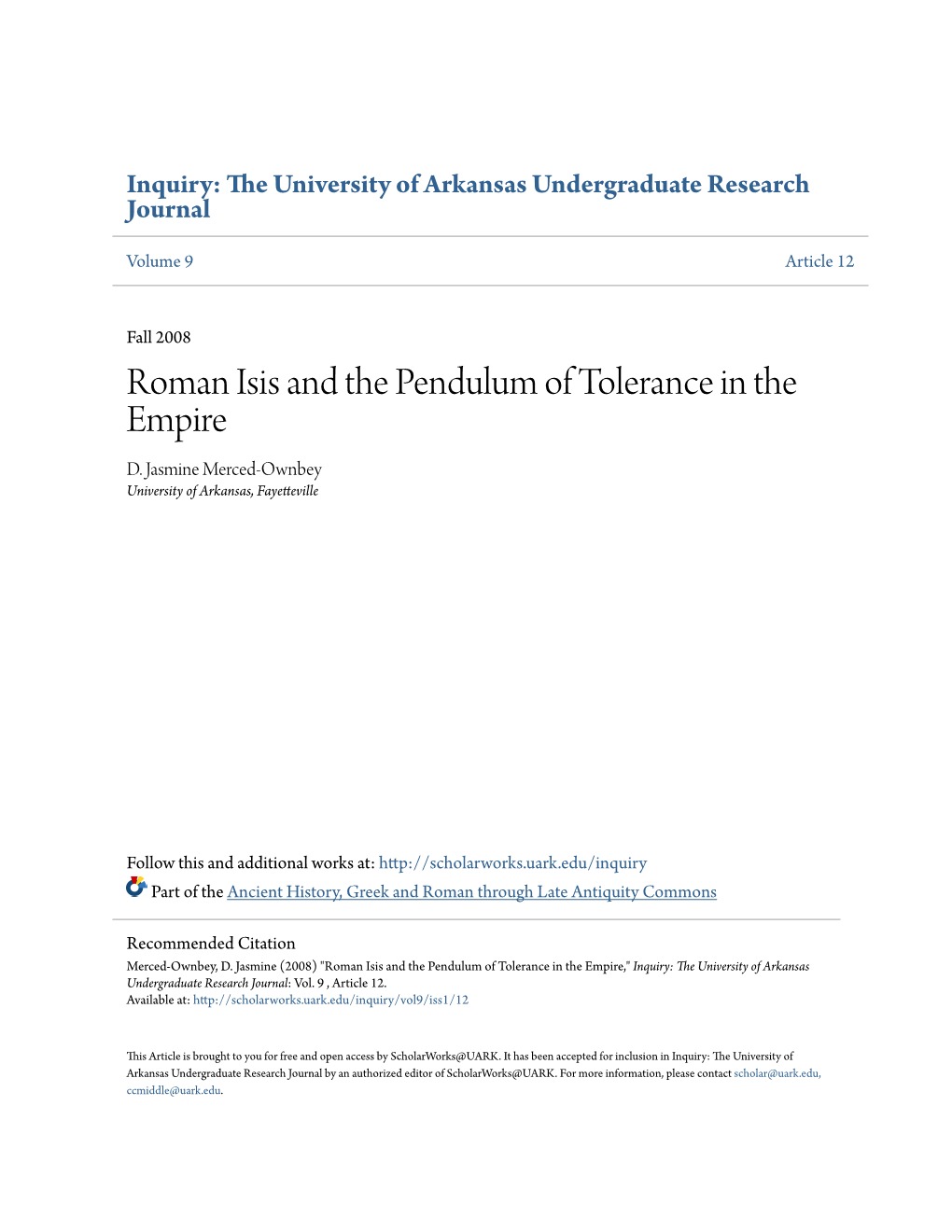 Roman Isis and the Pendulum of Tolerance in the Empire D