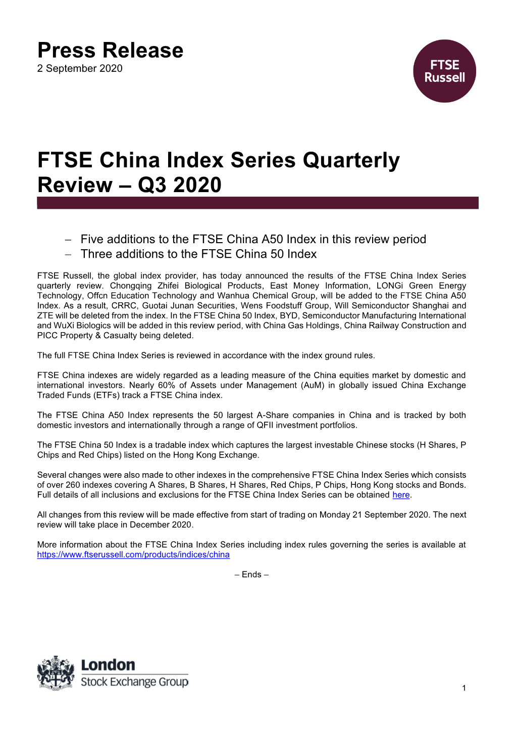 FTSE China Index Series Quarterly Review – Q3 2020