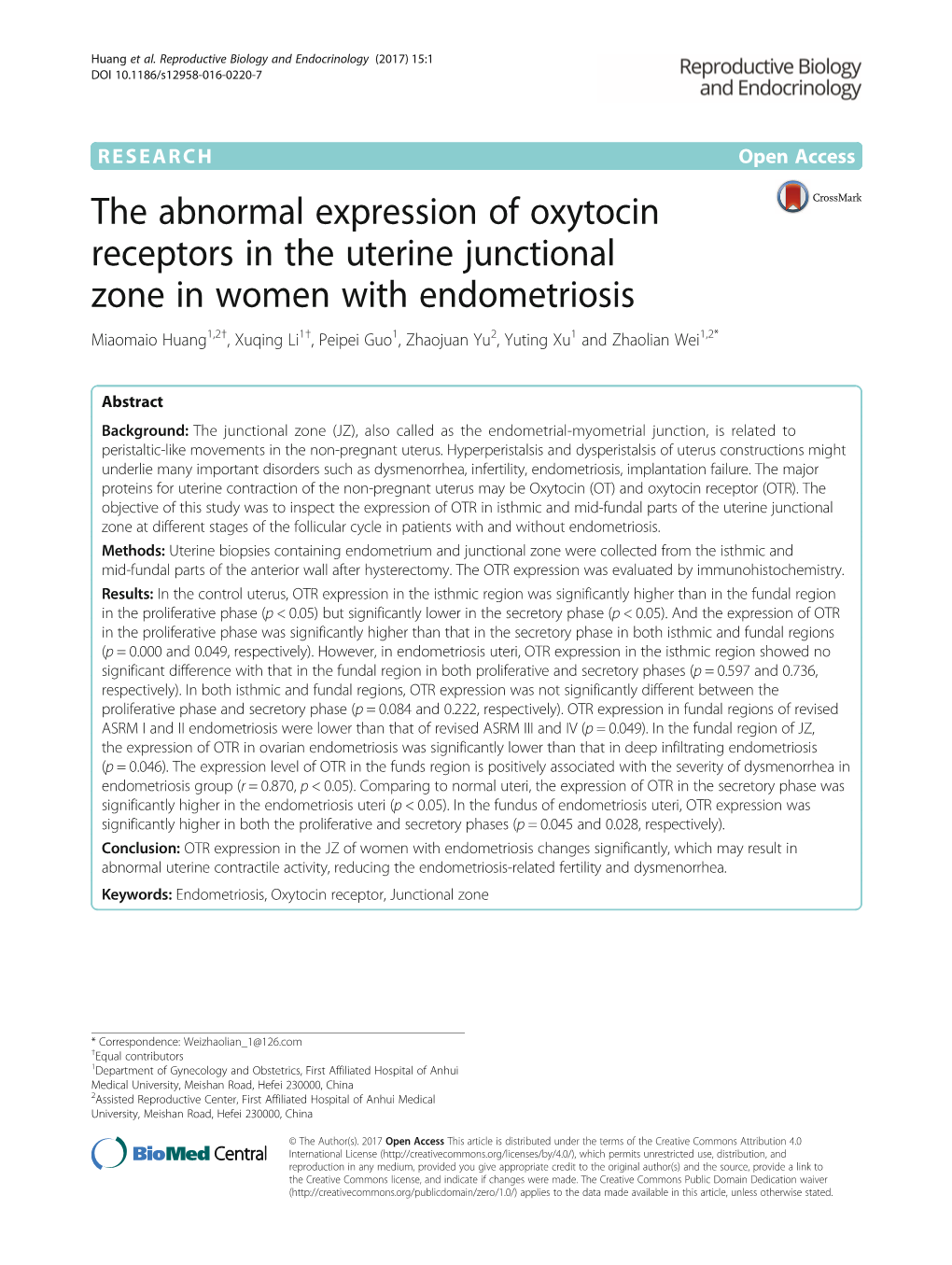 The Abnormal Expression of Oxytocin Receptors in the Uterine Junctional Zone in Women with Endometriosis