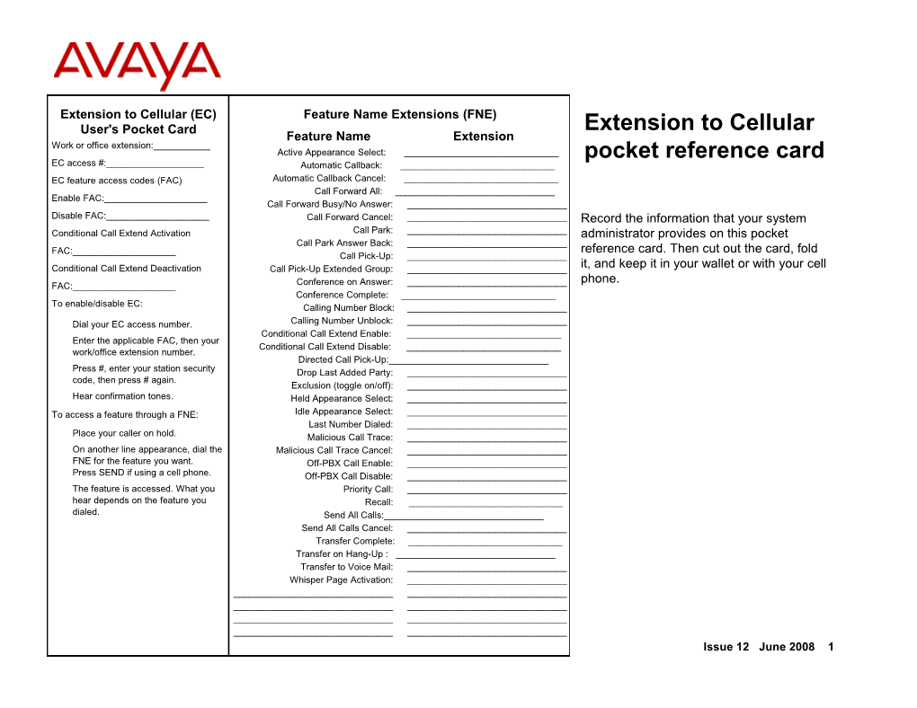 Extension to Cellular Pocket Reference Card