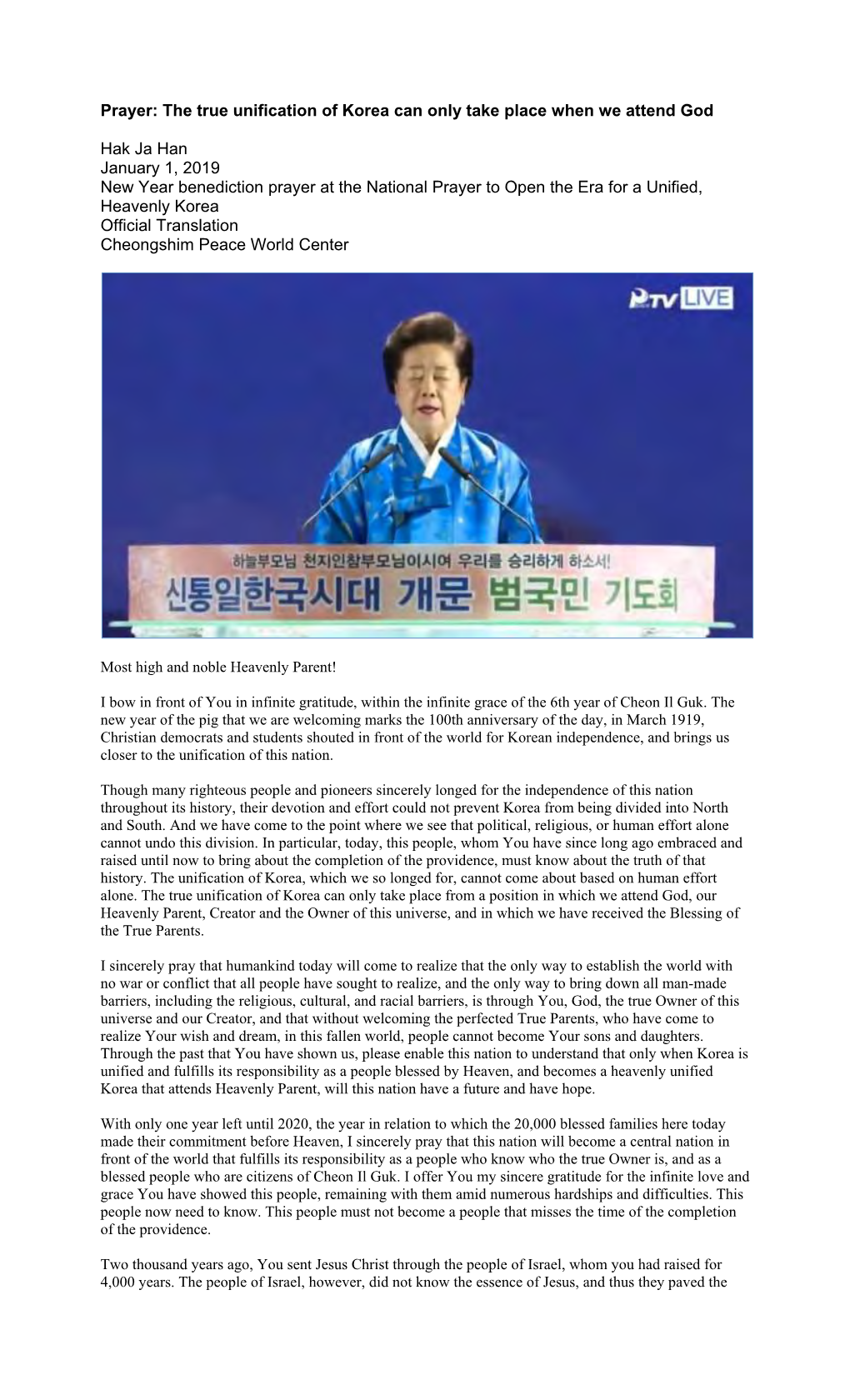 Prayer: the True Unification of Korea Can Only Take Place When We Attend God