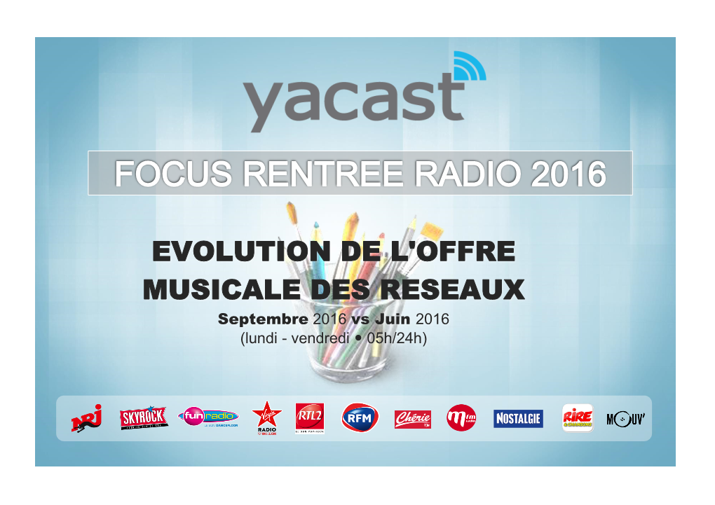 EVOLUTION DE L'offre MUSICALE DES RESEAUX Septembre 2016 Vs Juin 2016 (Lundi - Vendredi  05H/24H) S O M M a I R E