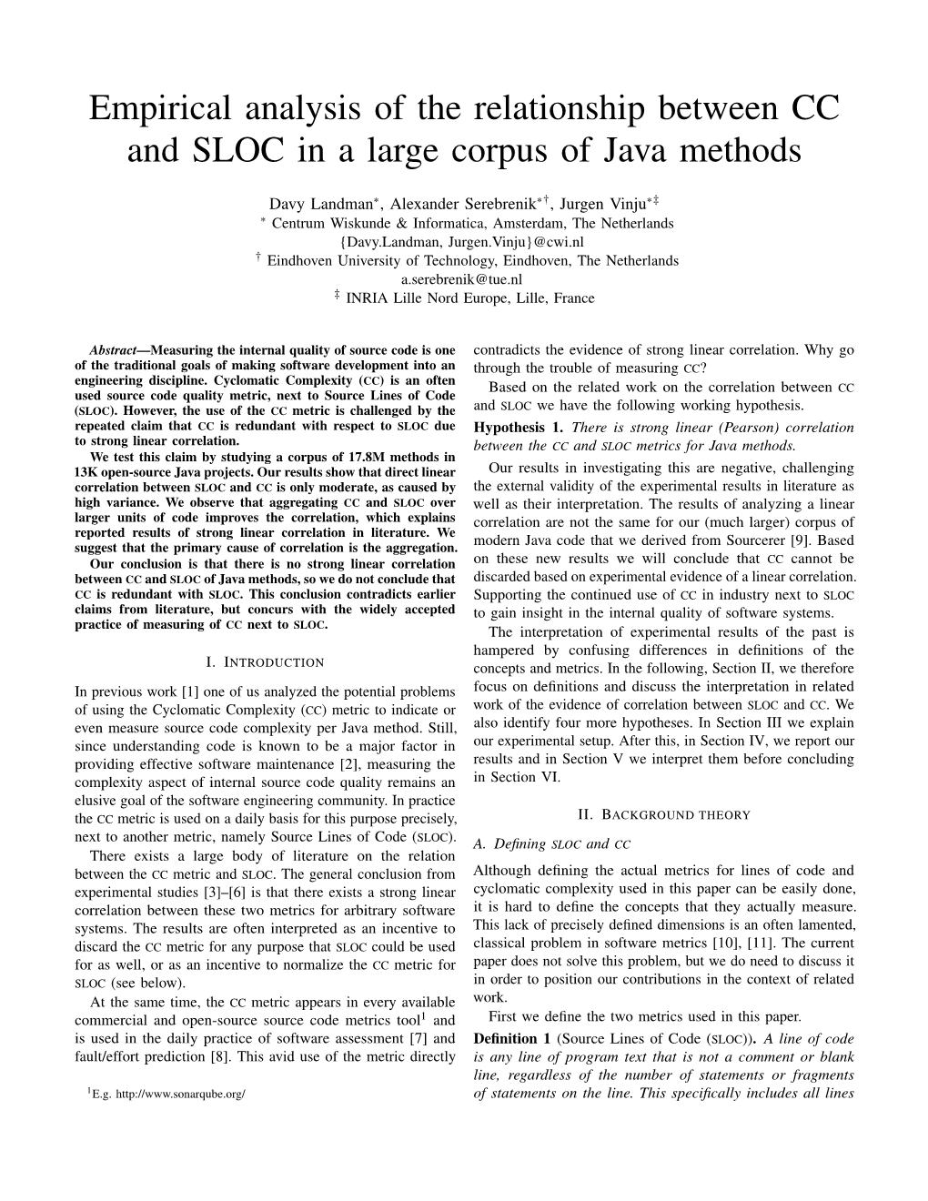 Empirical Analysis of the Relationship Between CC and SLOC in a Large Corpus of Java Methods
