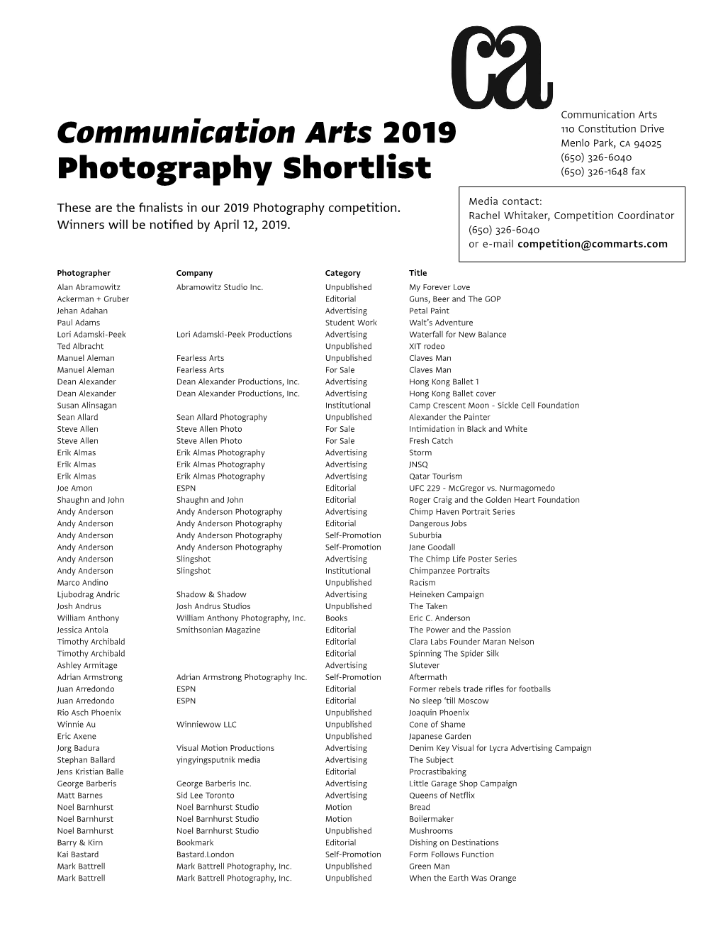 Communication Arts 2019 Photography Shortlist