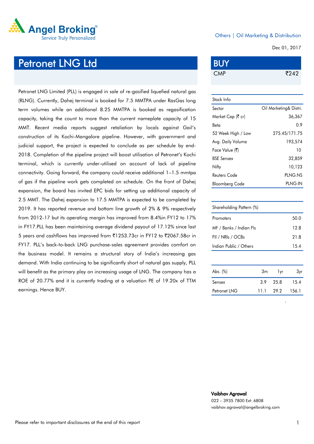 Petronet LNG Ltd BUY CMP `242