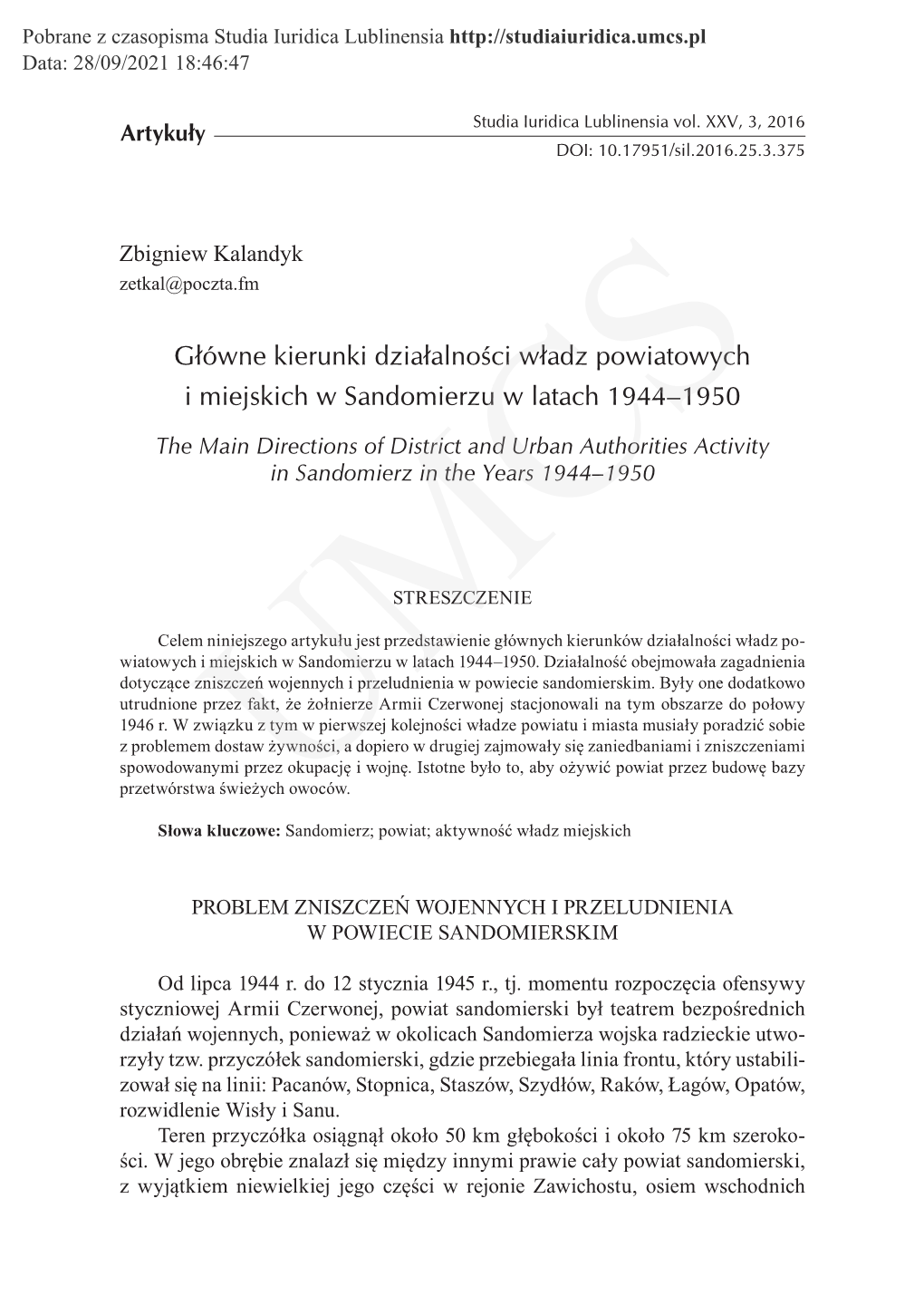 Główne Kierunki Działalności Władz Powiatowych I Miejskich W Sandomierzu W Latach 1944–1950