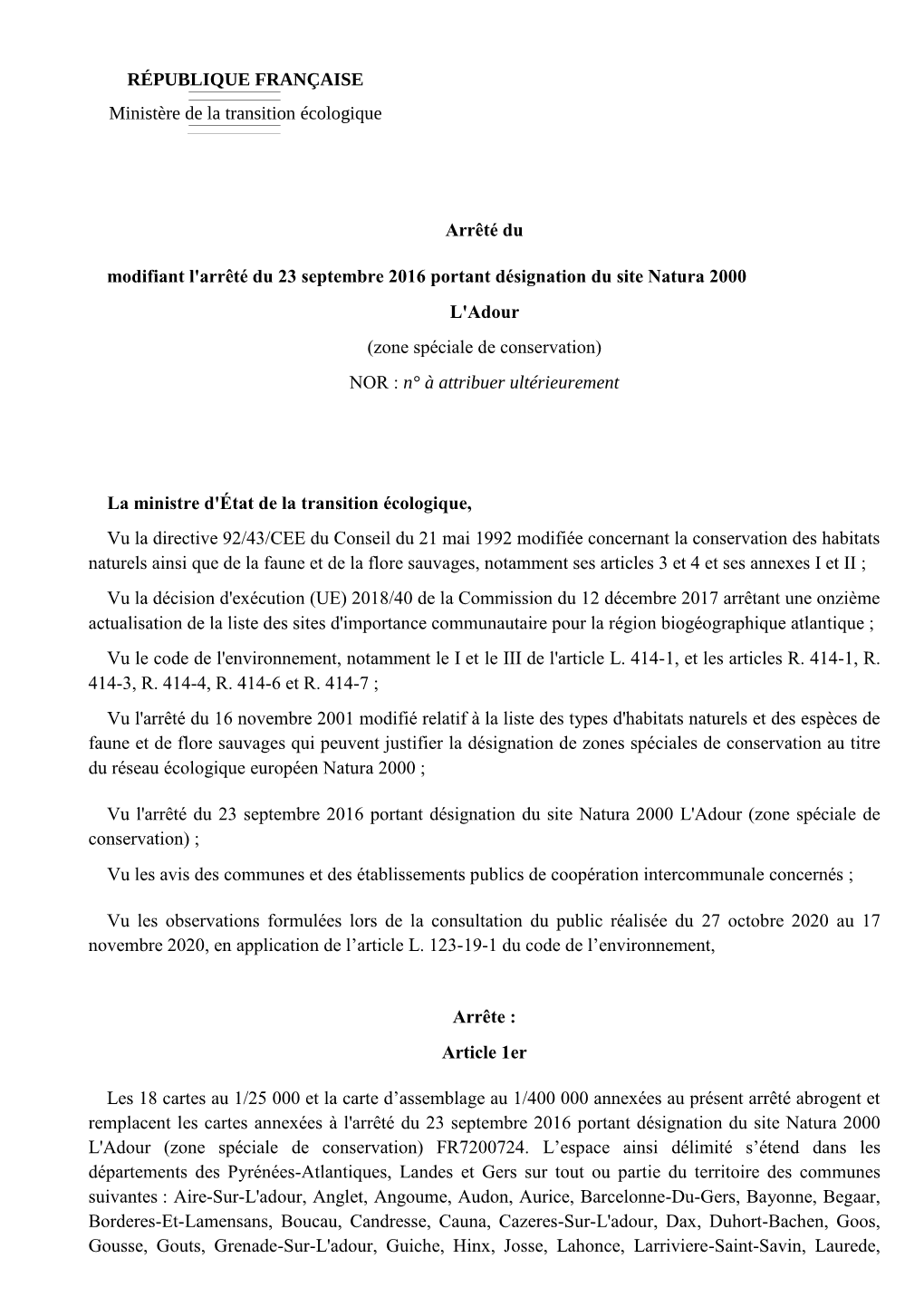 RÉPUBLIQUE FRANÇAISE Ministère De La Transition Écologique Arrêté