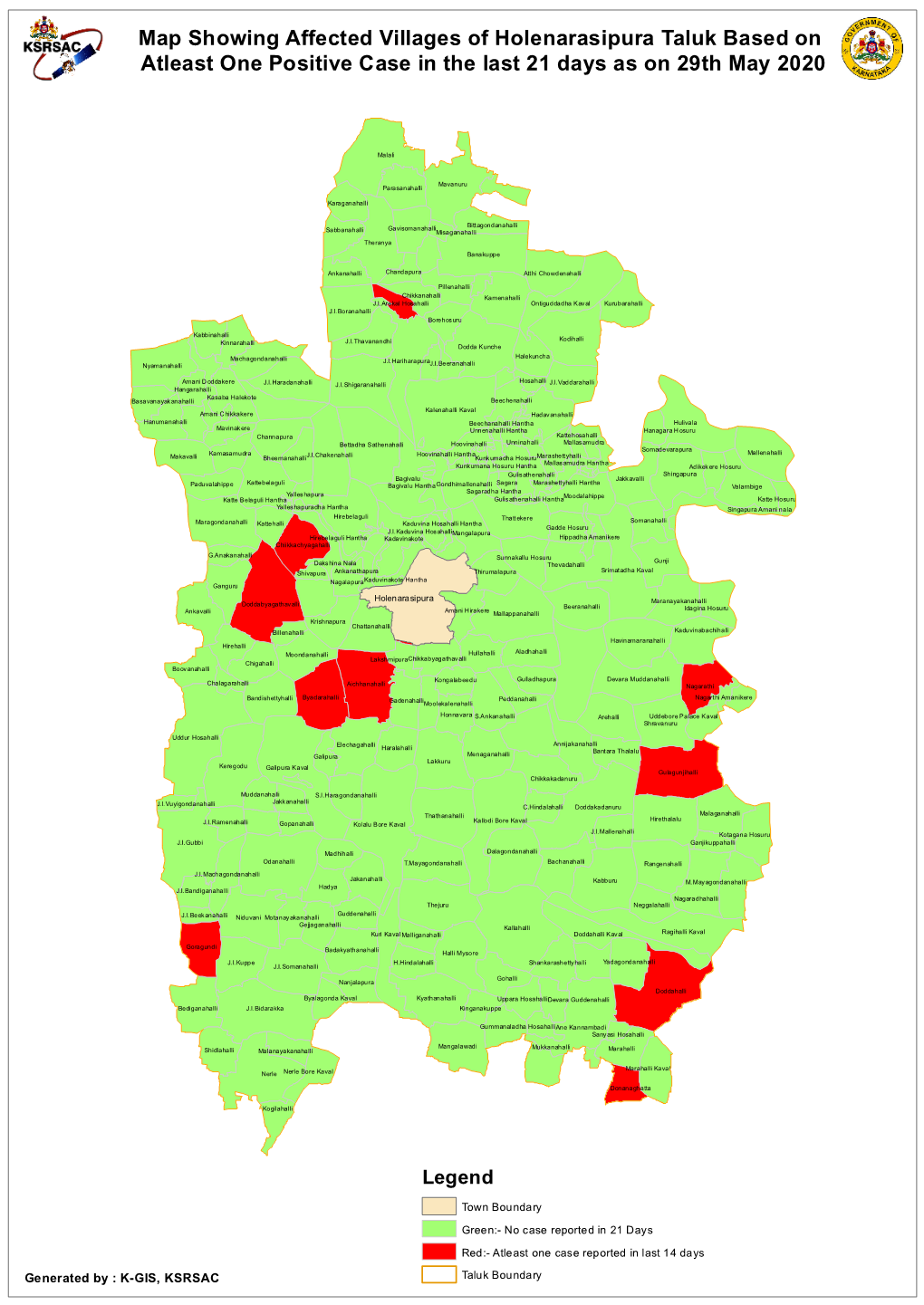 Map Showing Affected Villages of Holenarasipura Taluk Based on Atleast One Positive Case in the Last 21 Days As on 29Th May 2020