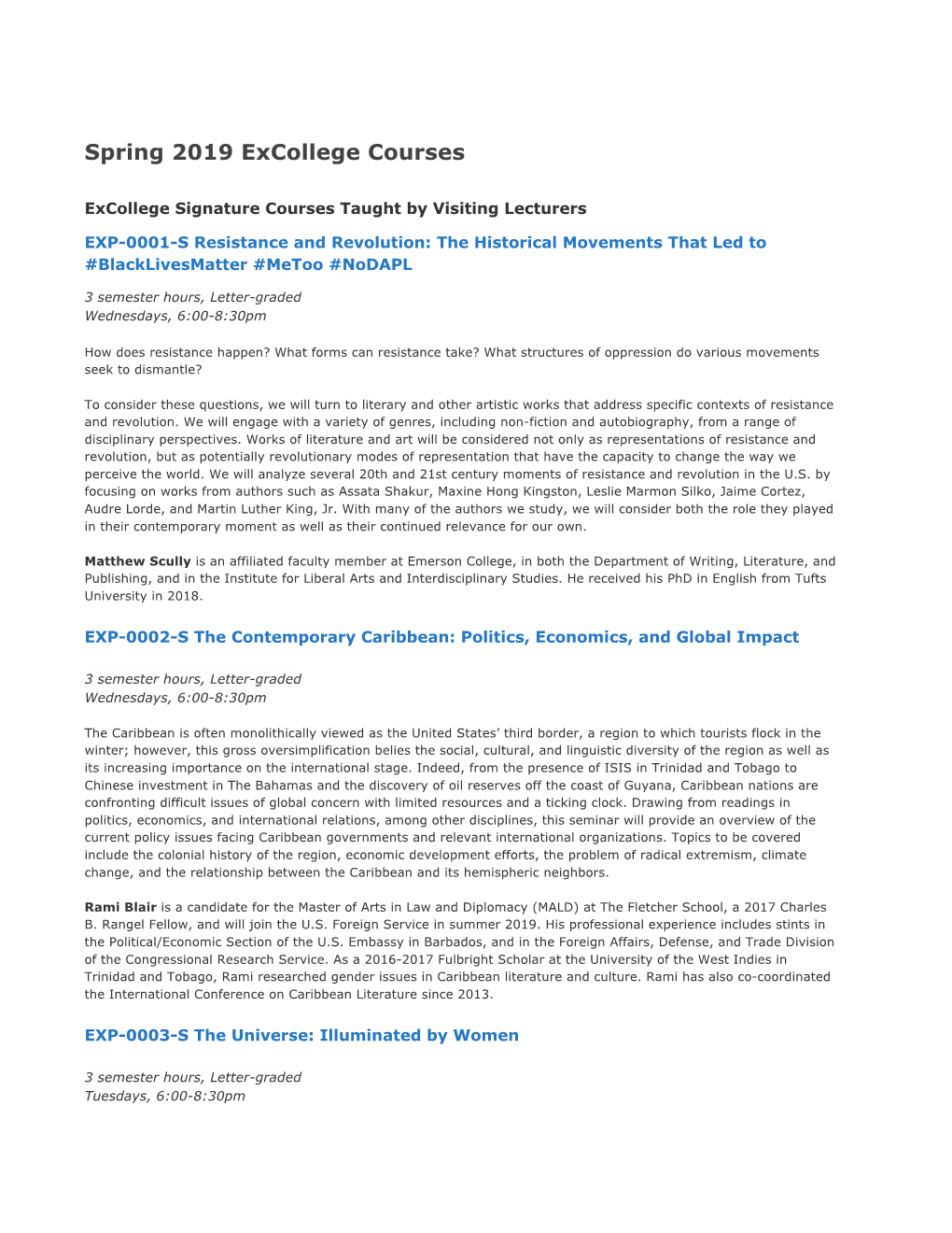 Spring 2019 Excollege Courses
