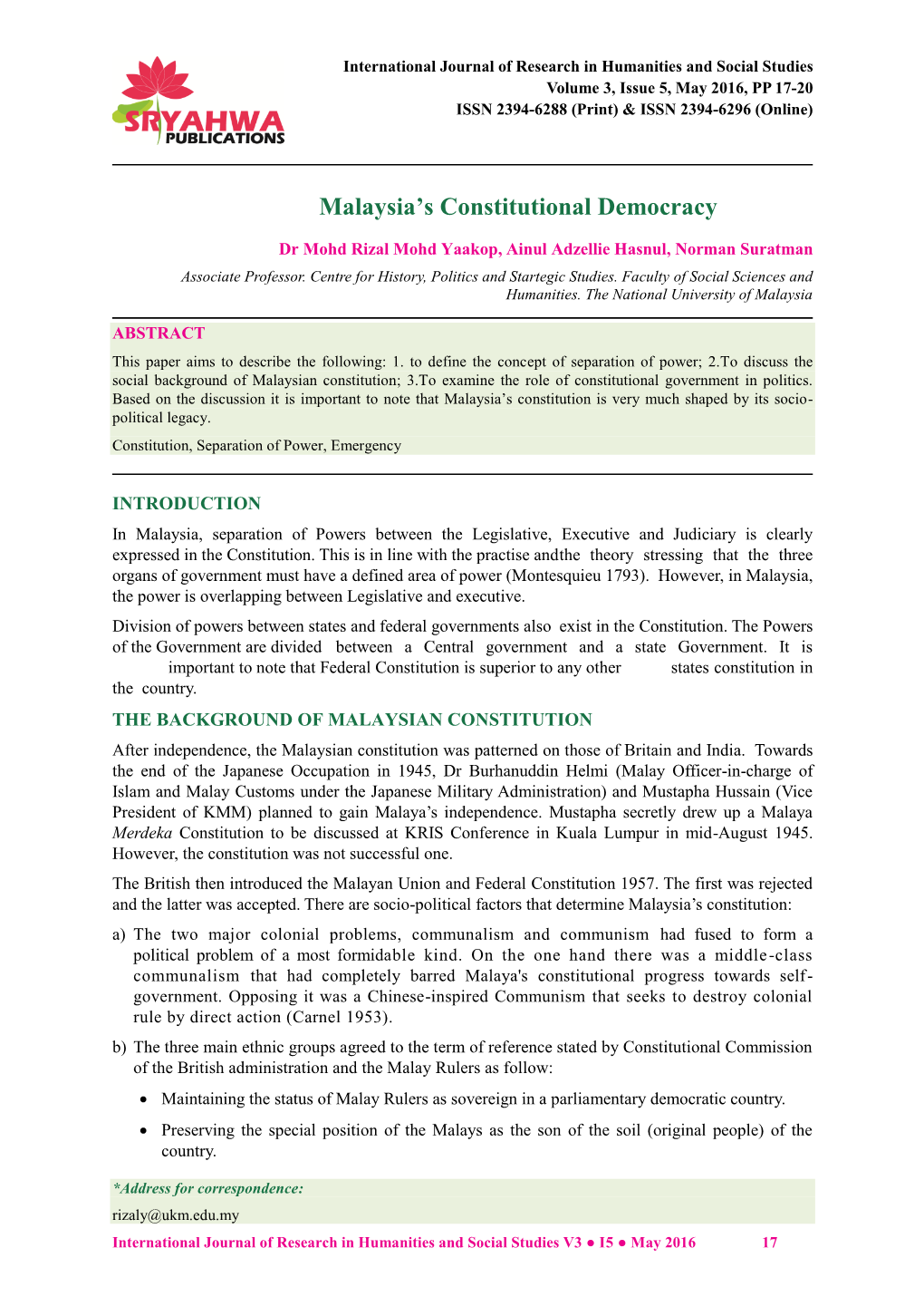 Malaysia's Constitutional Democracy