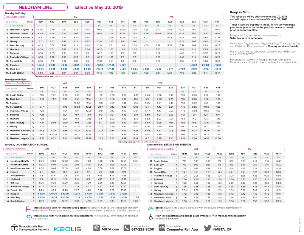 Needham Line Schedule (Effective May 20, 2019)