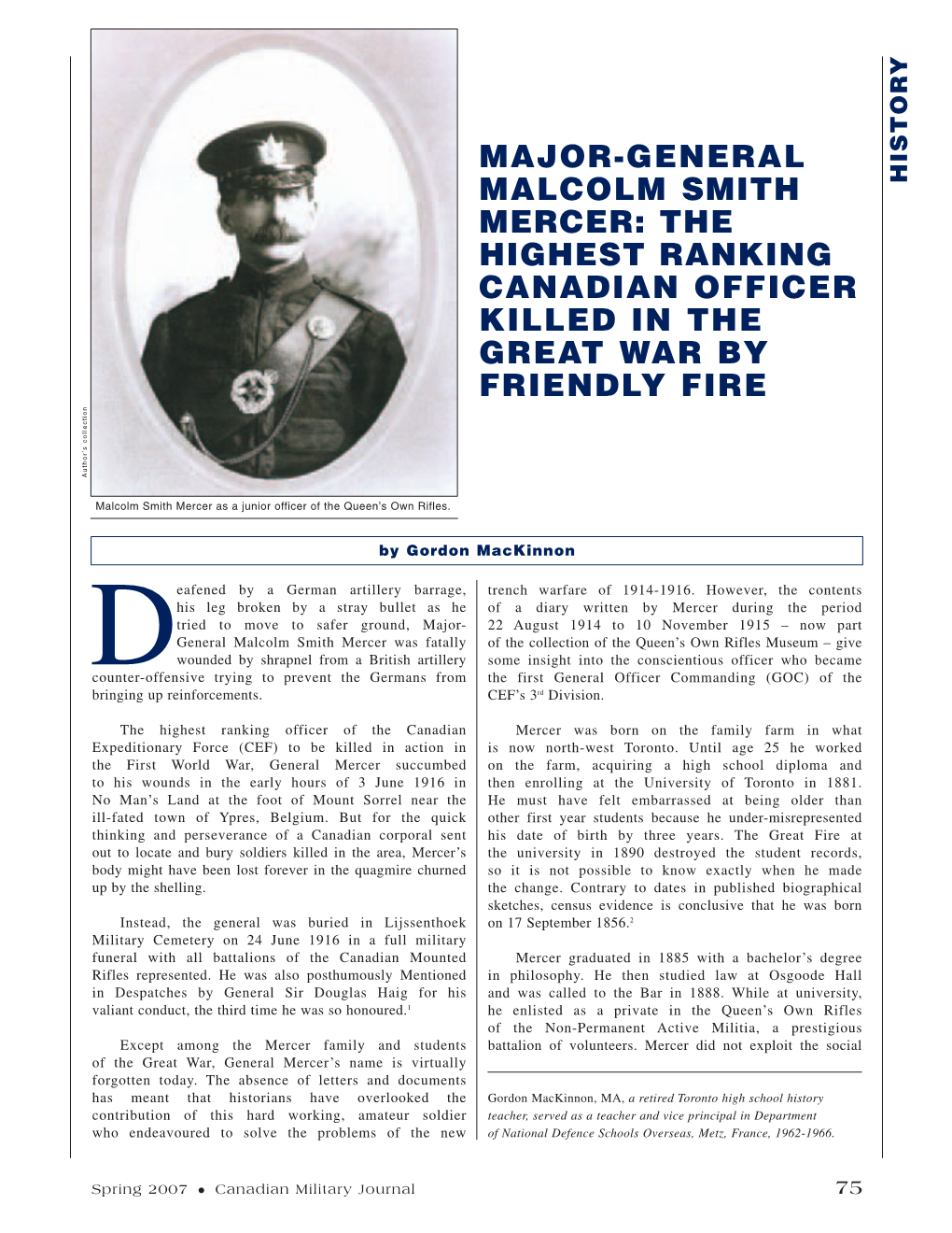 Major-General Malcolm Smith Mercer: the Highest Ranking Canadian Officer