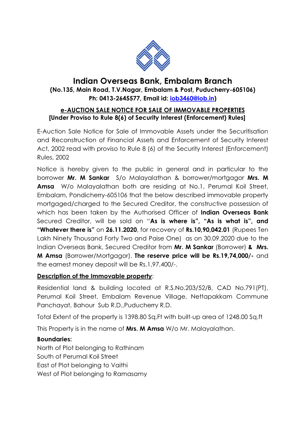 Indian Overseas Bank, Embalam Branch