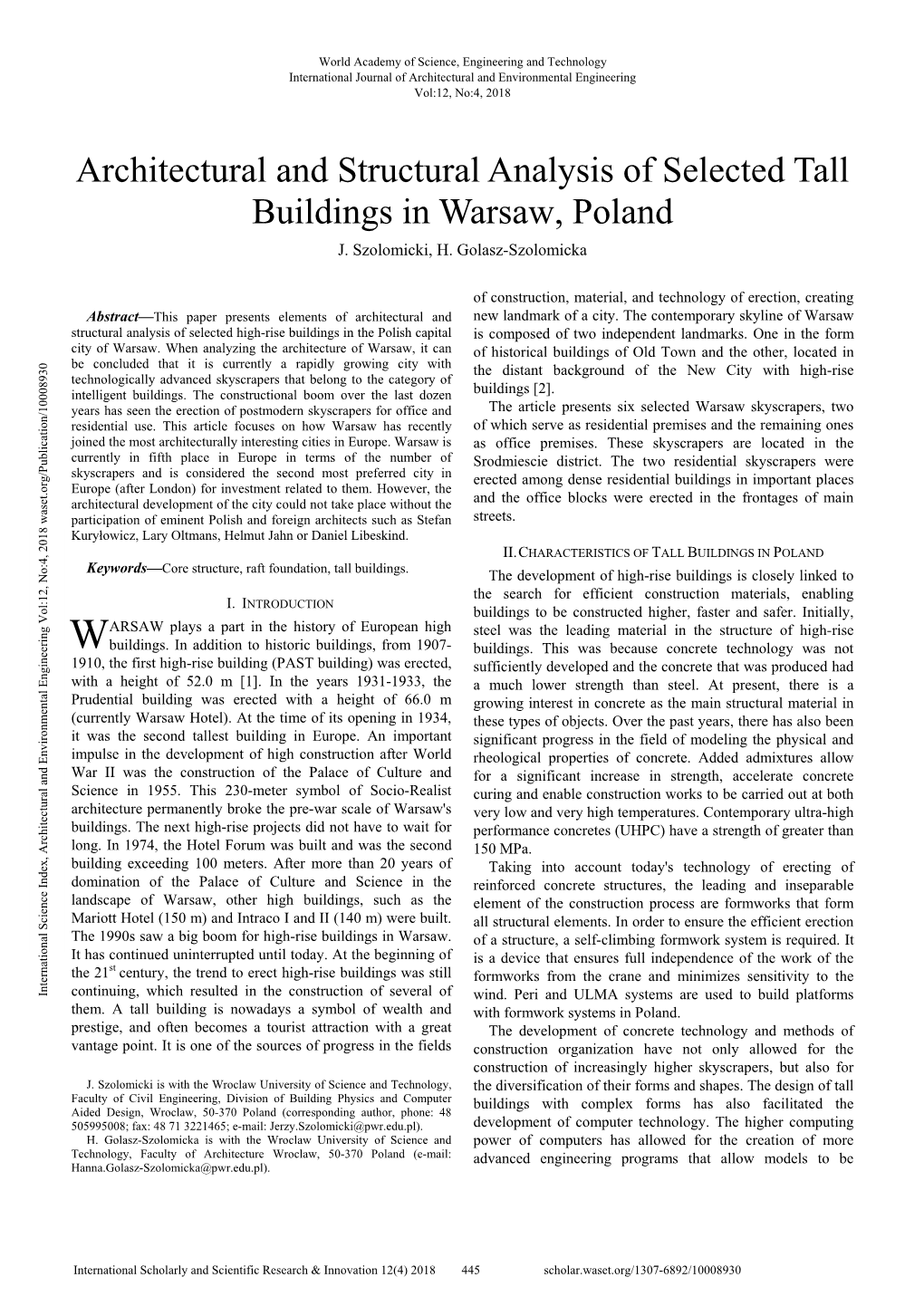 Architectural and Structural Analysis of Selected Tall Buildings in Warsaw, Poland J