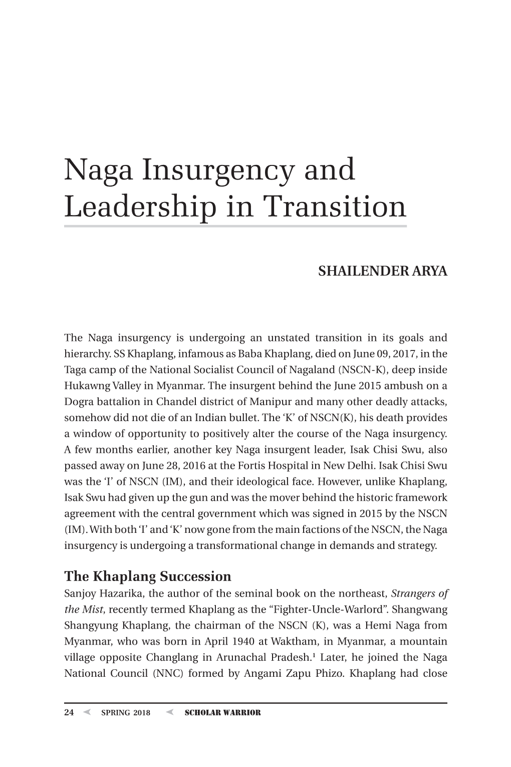 Naga Insurgency and Leadership in Transition, by Col