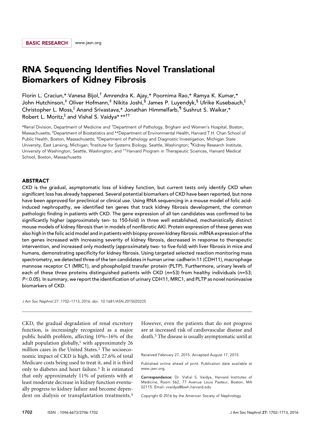 RNA Sequencing Identifies Novel Translational Biomarkers of Kidney