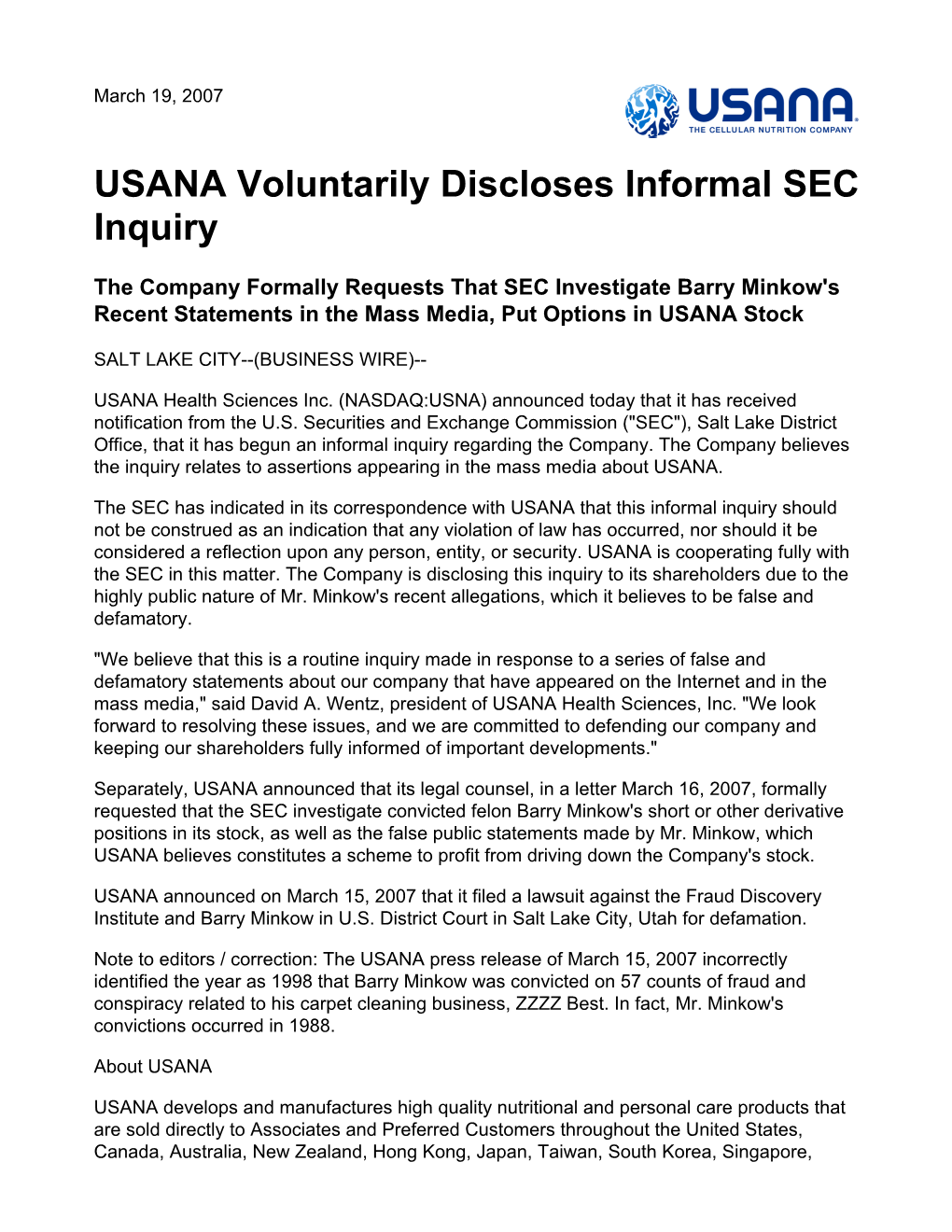 USANA Voluntarily Discloses Informal SEC Inquiry