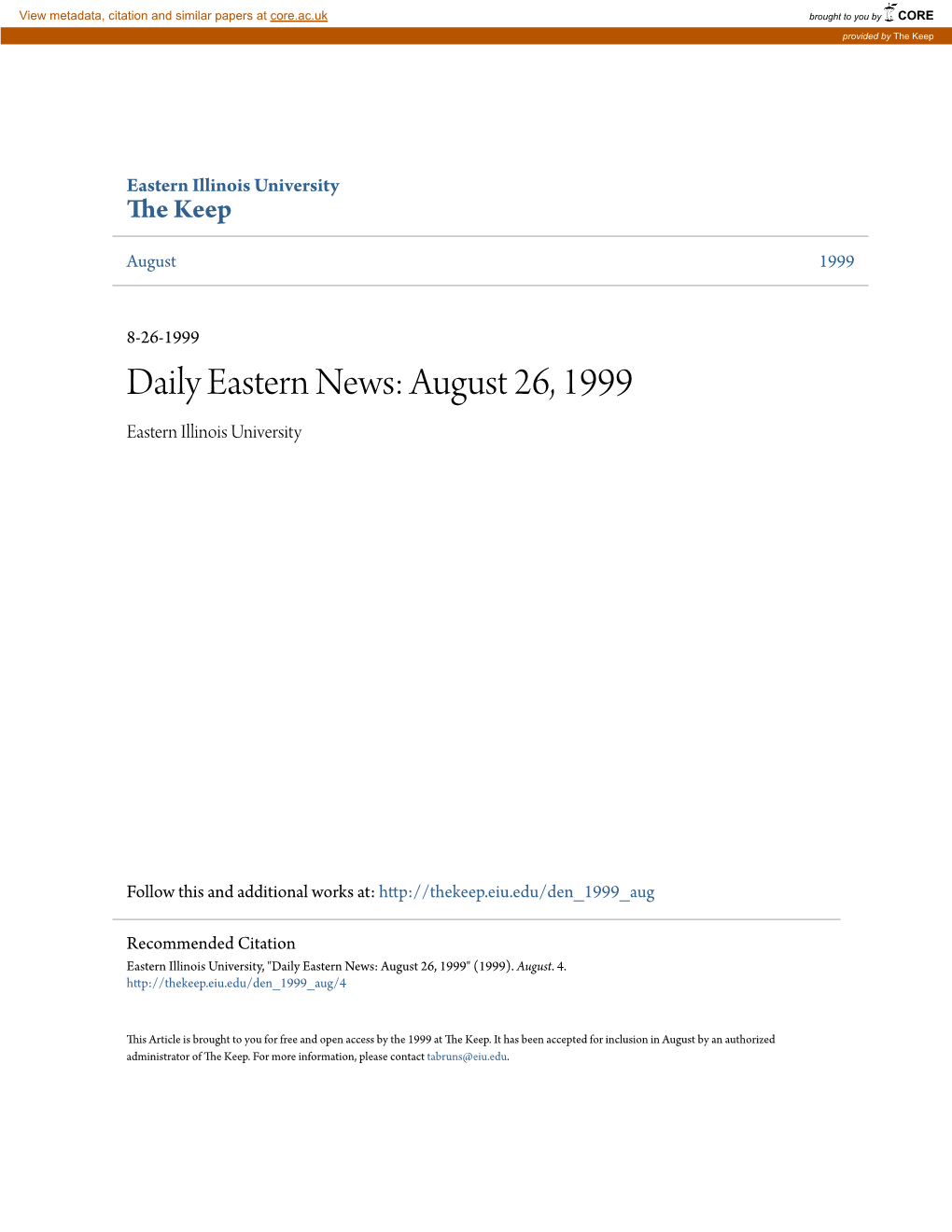 Daily Eastern News: August 26, 1999 Eastern Illinois University