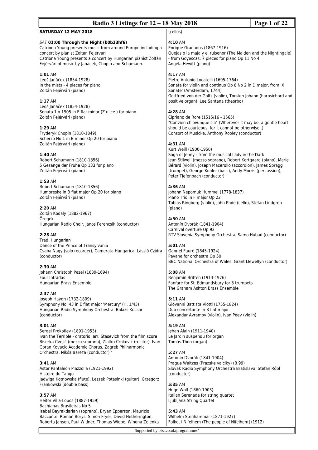 Radio 3 Listings for 12 – 18 May 2018 Page 1 of 22 SATURDAY 12 MAY 2018 (Cellos)