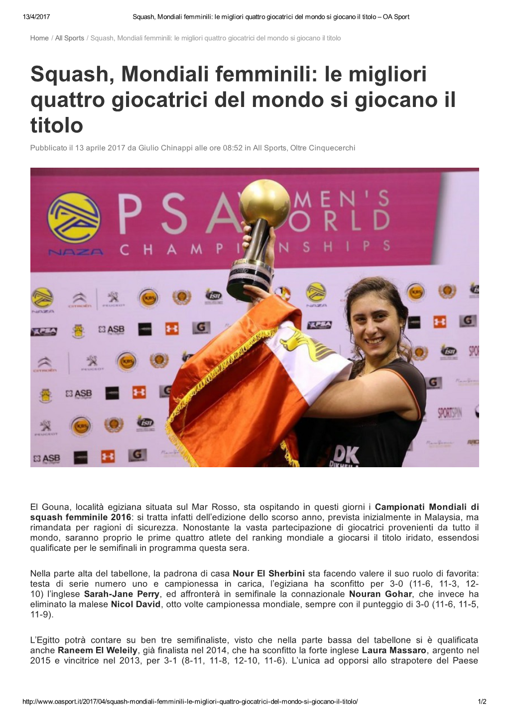 Squash, Mondiali Femminili: Le Migliori Quattro Giocatrici Del Mondo Si Giocano Il Titolo – OA Sport