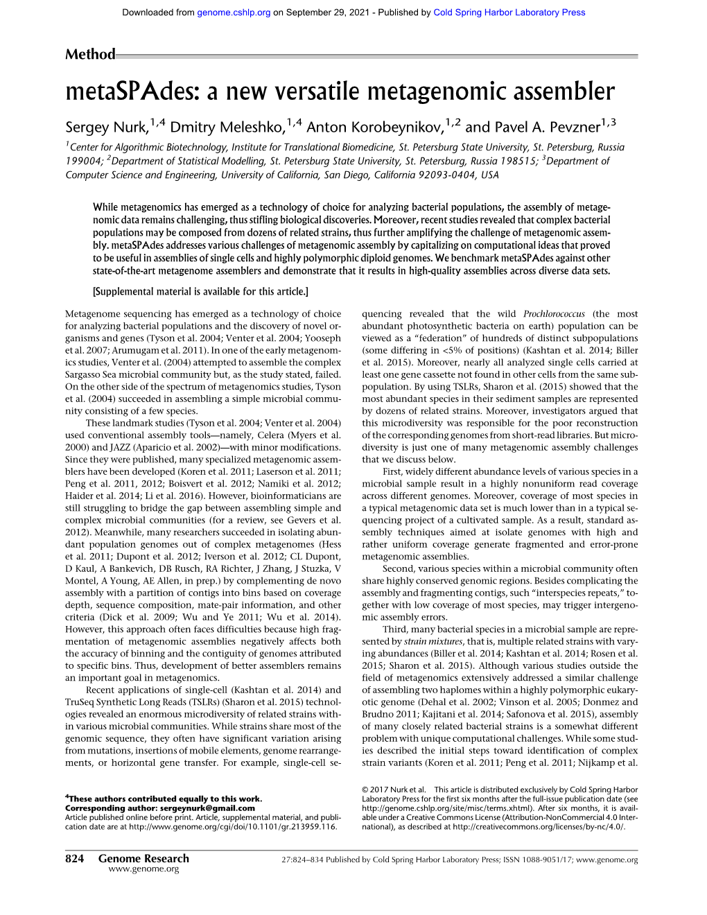 Metaspades: a New Versatile Metagenomic Assembler