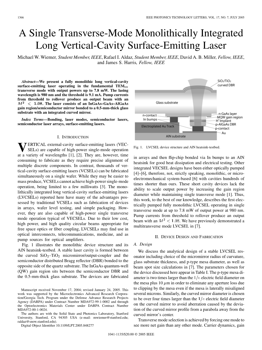 Single Transverse-Mode Monolithically Integrated Long Vertical-Cavity Surface-Emitting Laser Michael W