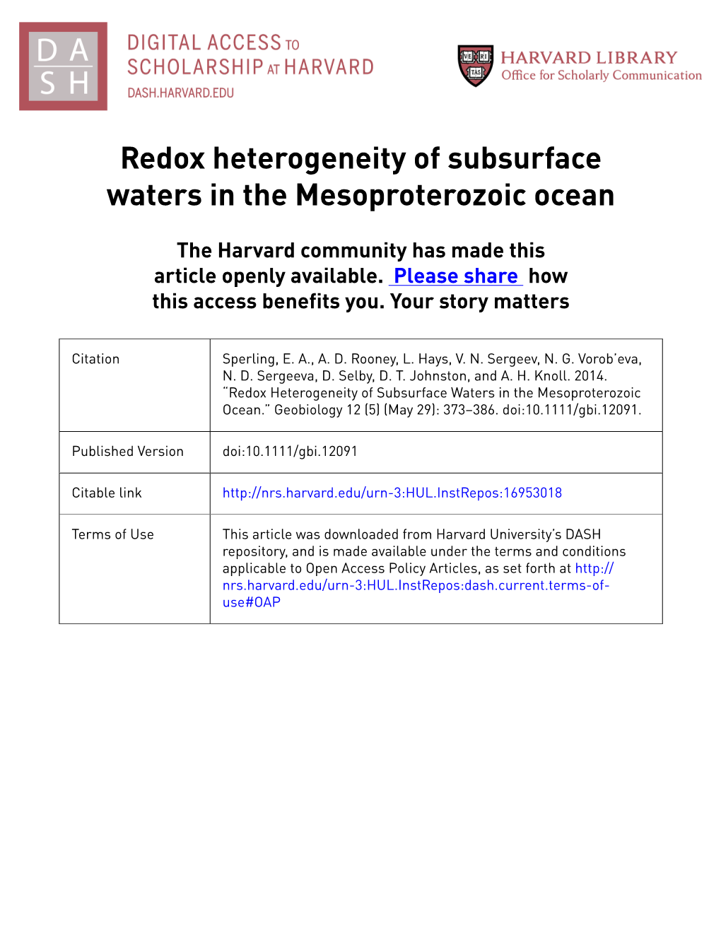 Redox Heterogeneity of Subsurface Waters in the Mesoproterozoic Ocean