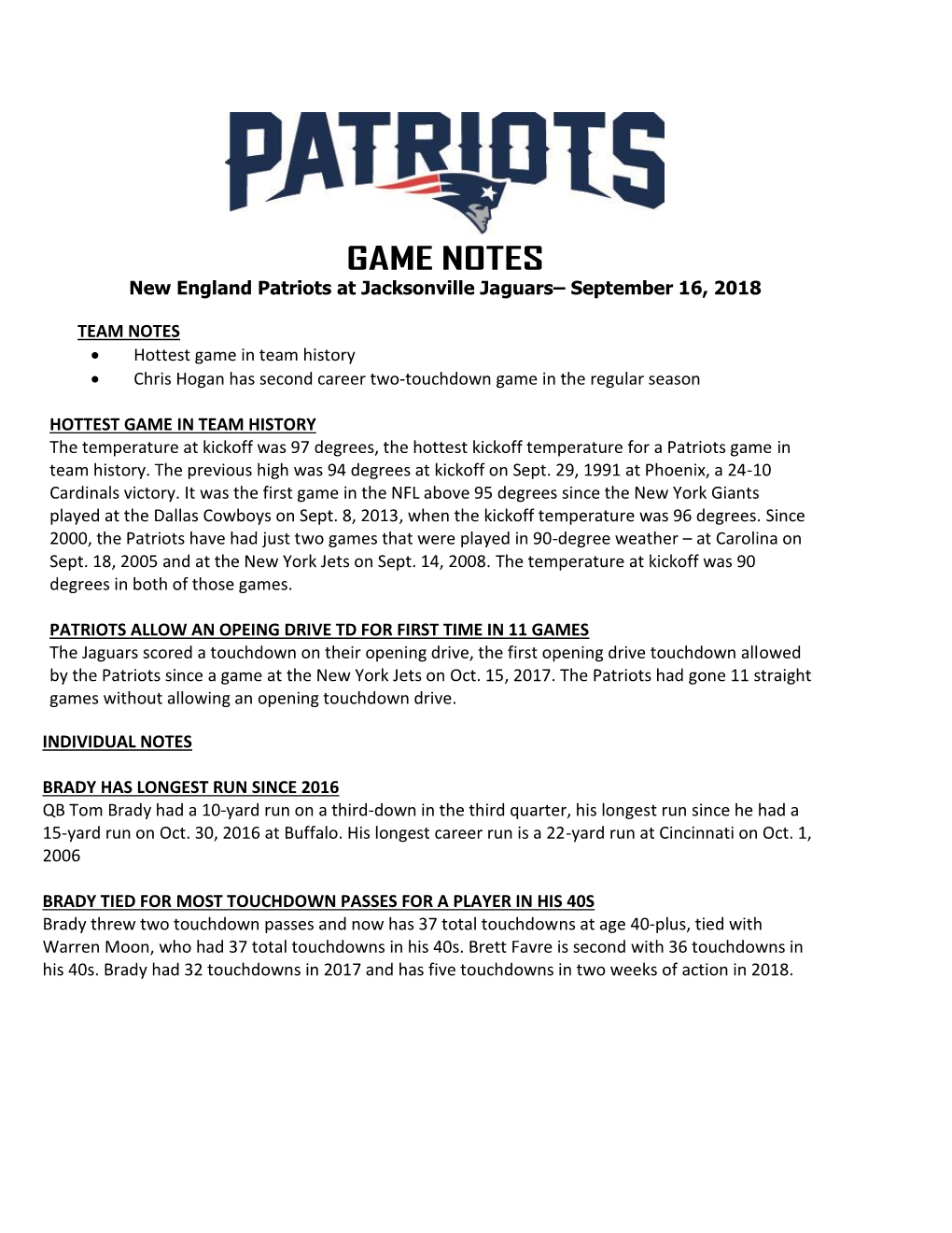 GAME NOTES New England Patriots at Jacksonville Jaguars– September 16, 2018