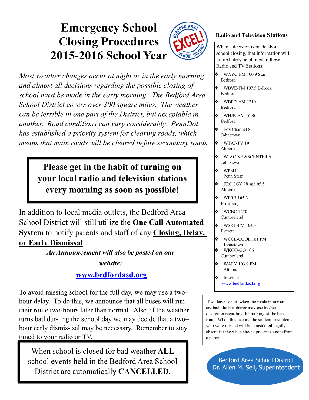 Emergency School Closing Procedures 2015-2016 School Year