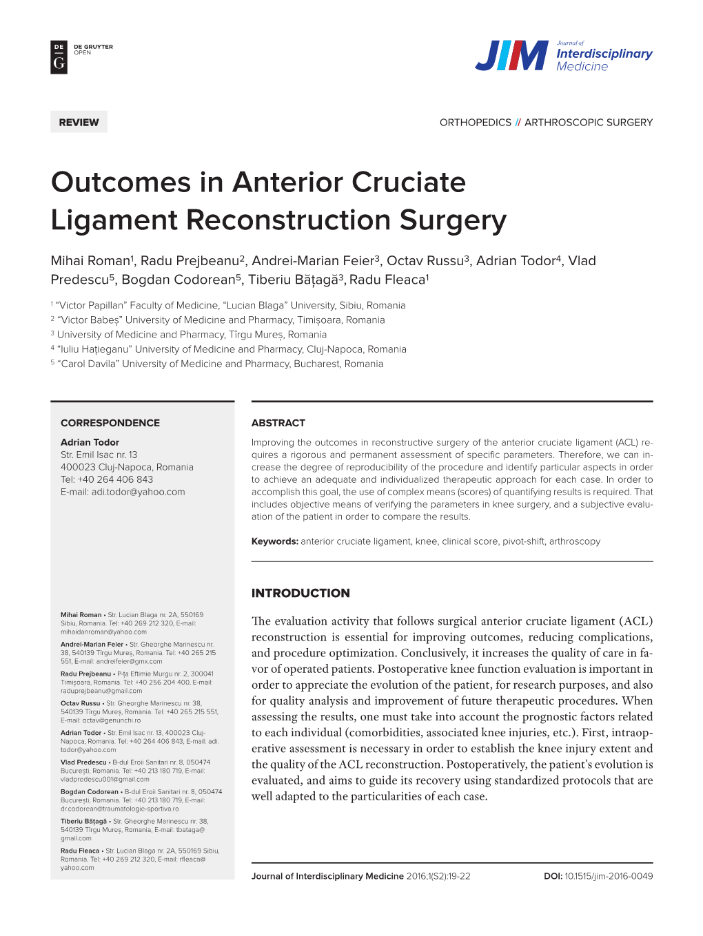 Outcomes in Anterior Cruciate Ligament Reconstruction Surgery