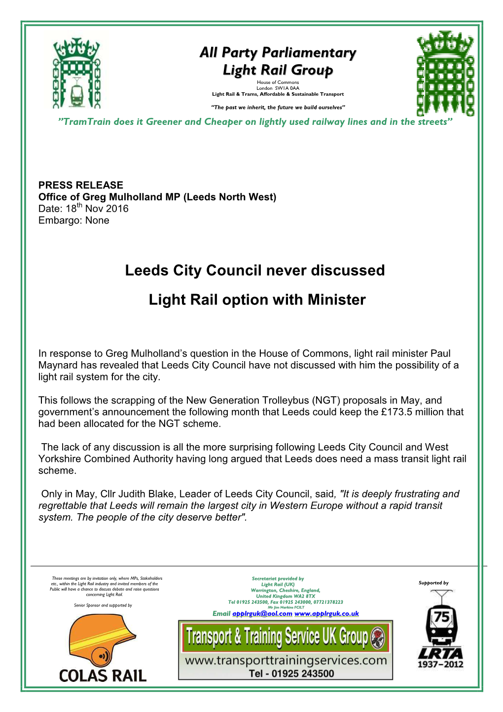 Party Parliamentary Light Rail Group Leeds City Council Never Discussed