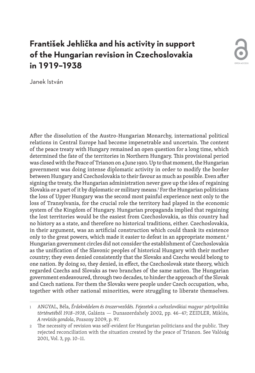 František Jehlička and His Activity in Support of the Hungarian Revision in Czechoslovakia in 1919–1938 OPEN ACCESS