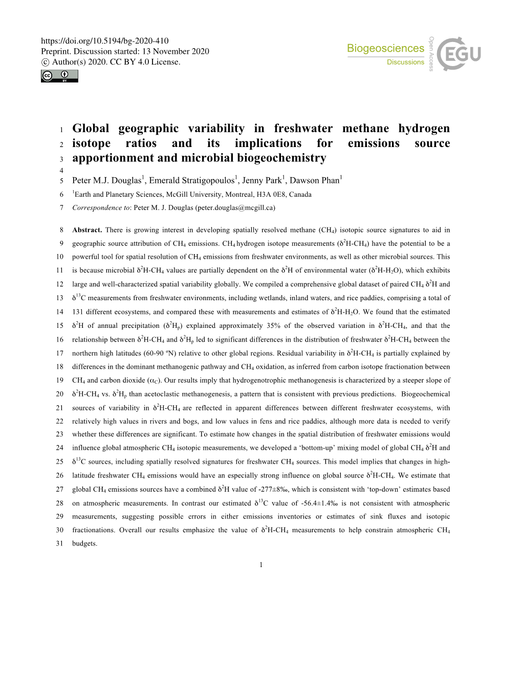 Global Geographic Variability in Freshwater Methane Hydrogen