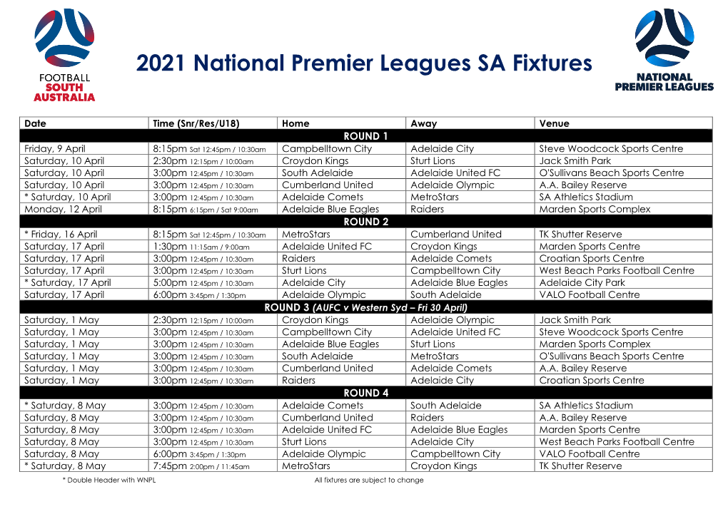 2021 National Premier Leagues SA Fixtures