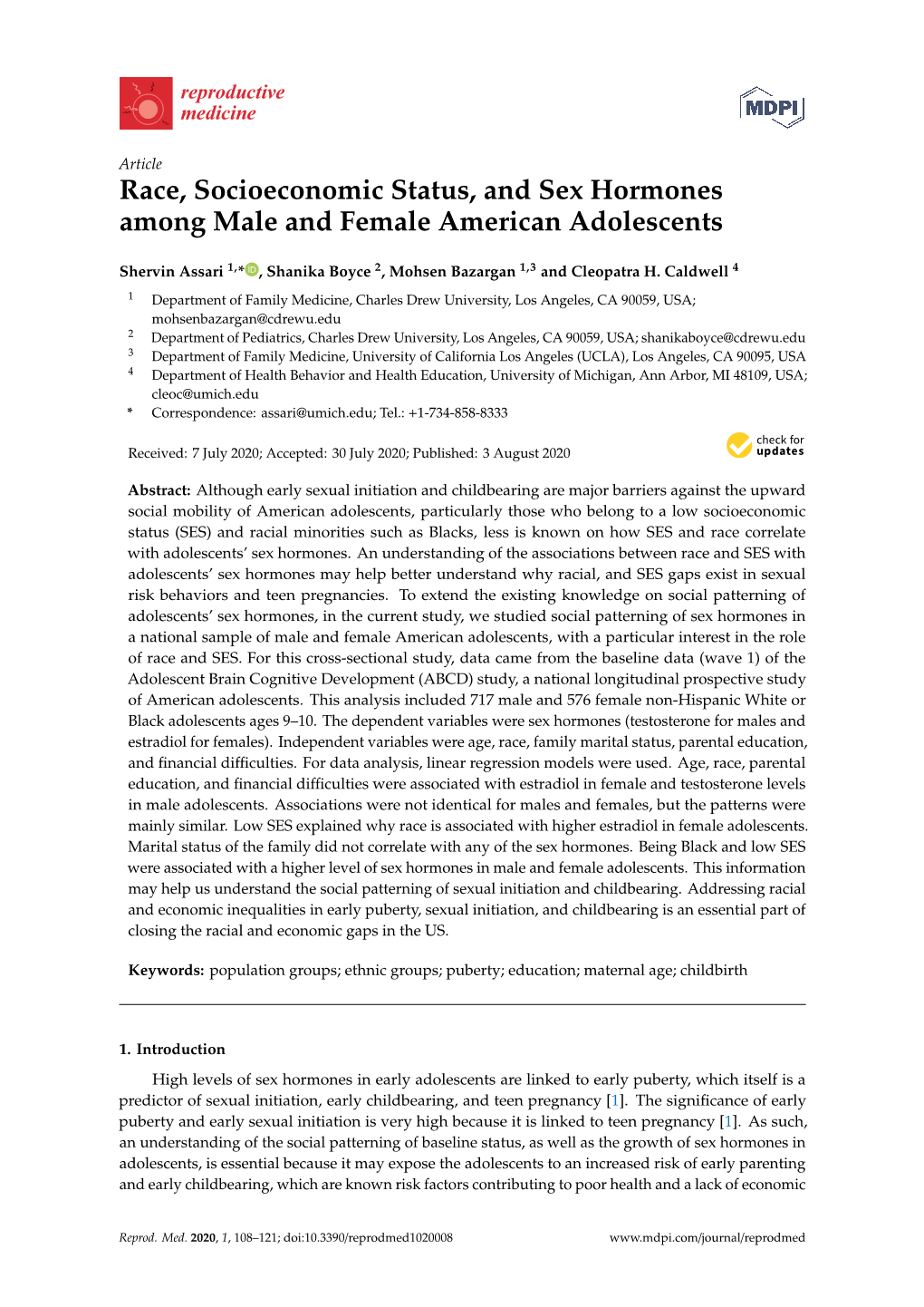 Race, Socioeconomic Status, and Sex Hormones Among Male and Female American Adolescents