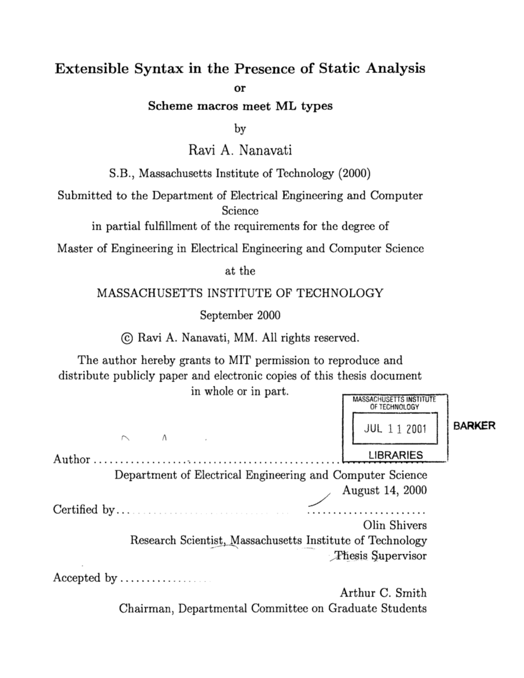 Extensible Syntax in the Presence of Static Analysis Ravi A. Nanavati