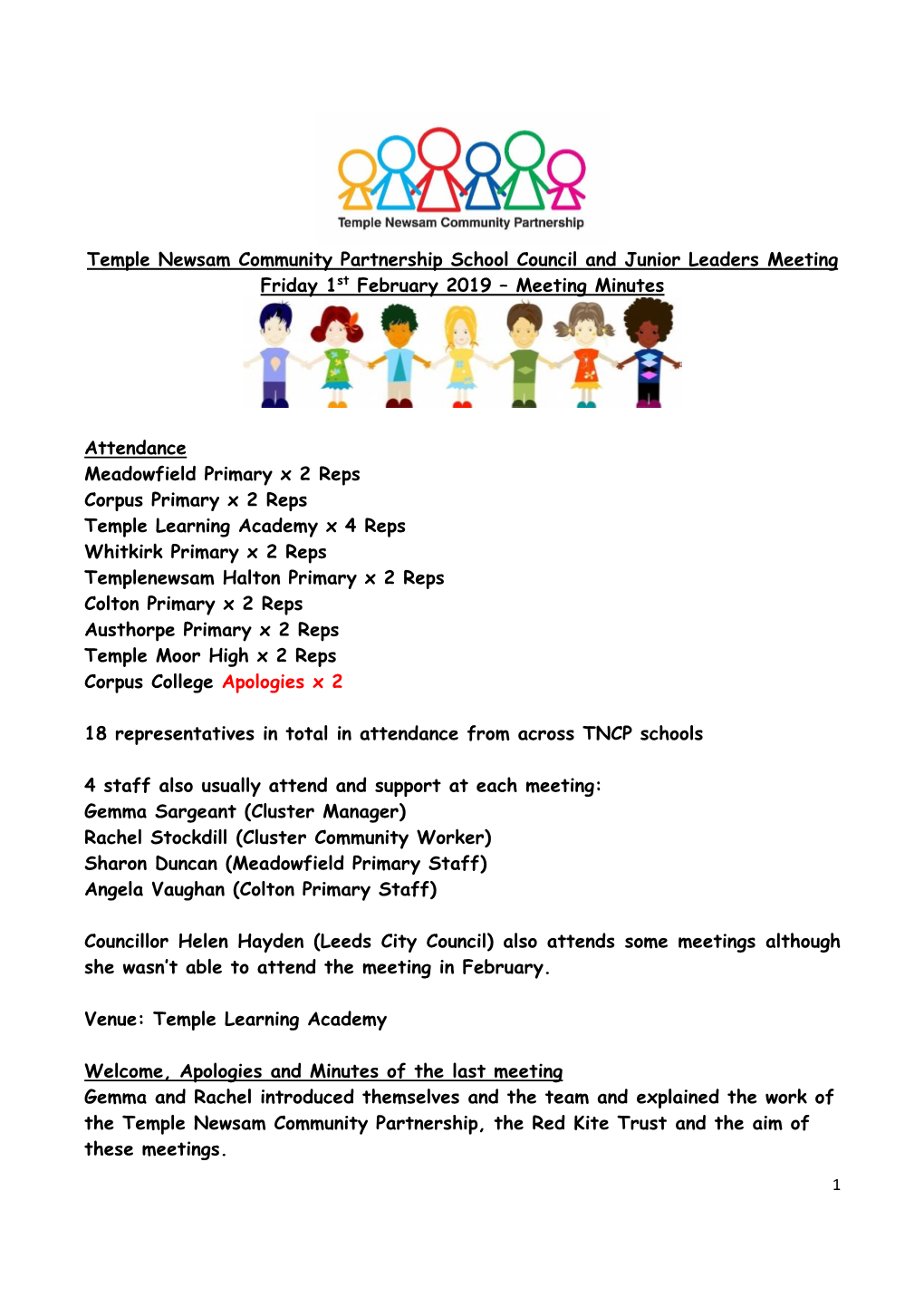 Temple Newsam Community Partnership School Council and Junior Leaders Meeting Friday 1St February 2019 – Meeting Minutes