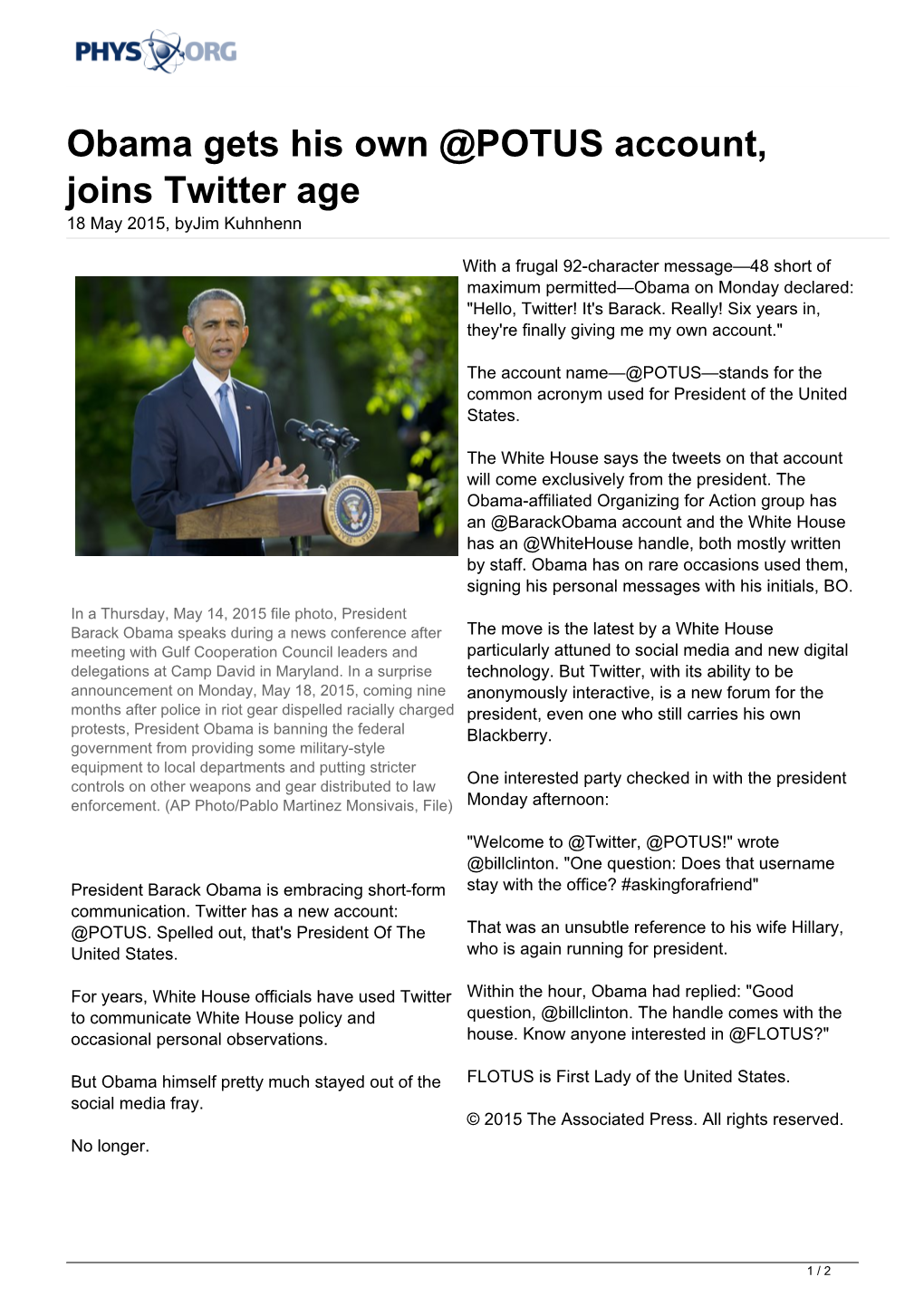 Obama Gets His Own @POTUS Account, Joins Twitter Age 18 May 2015, Byjim Kuhnhenn