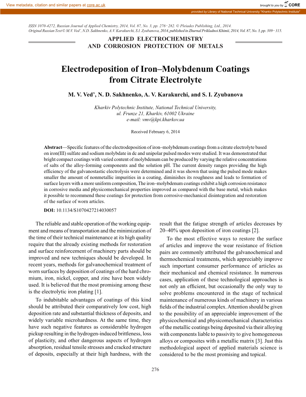 Electrodeposition of Iron–Molybdenum Coatings from Citrate Electrolyte