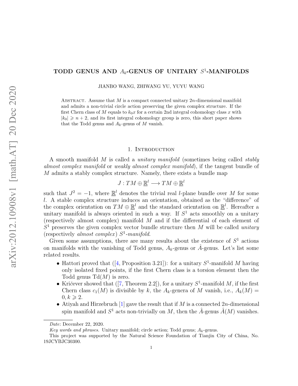 Arxiv:2012.10908V1 [Math.AT] 20 Dec 2020 M Lotcmlxmanifold Complex Almost H Ope Retto on Orientation Complex the L Uhthat Such 19JCYBJC30300