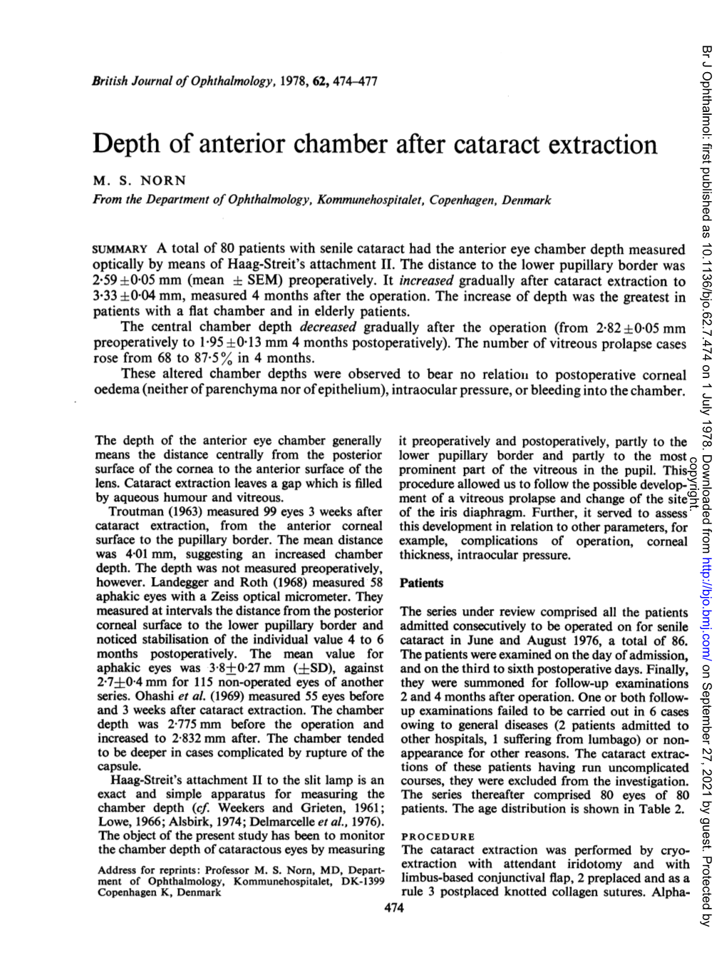 Depth of Anterior Chamber After Cataract Extraction M