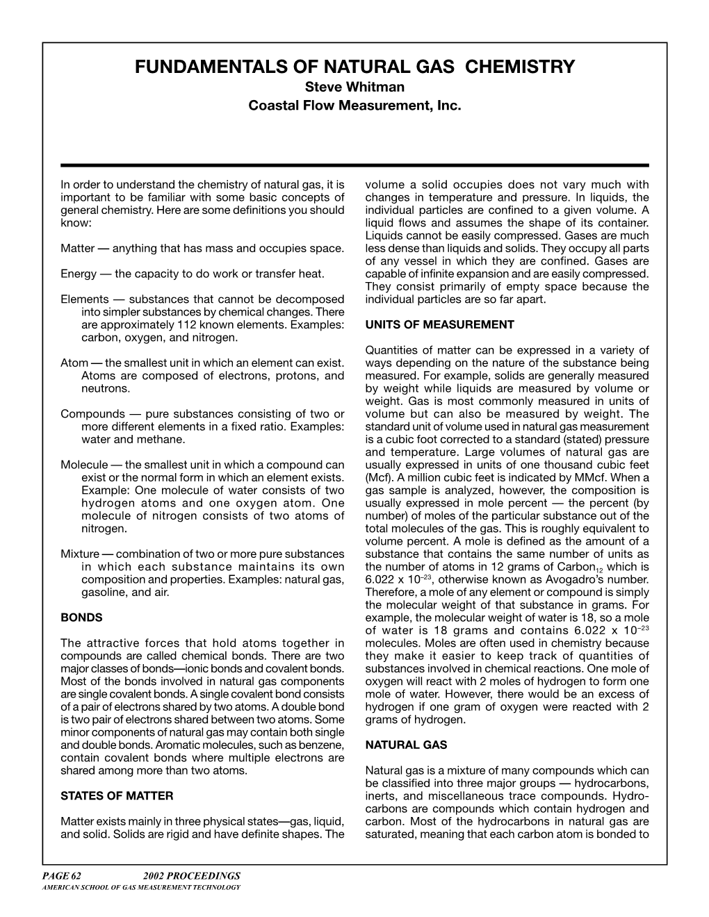 FUNDAMENTALS of NATURAL GAS CHEMISTRY Steve Whitman Coastal Flow Measurement, Inc