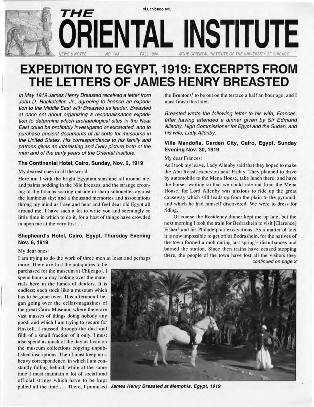 Expedition to Egypt, 1919: Excerpts from the Letters of James Henry Breasted